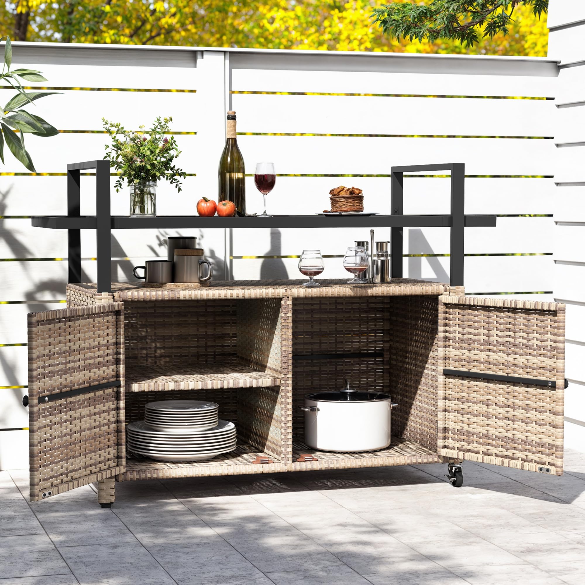 DWVO Patio Storage Cabinet,Outdoor Bar Cart with Glass Top,Outdoor Storage Table with Wheels for Patio, Poolside and Backyard,Light Brown