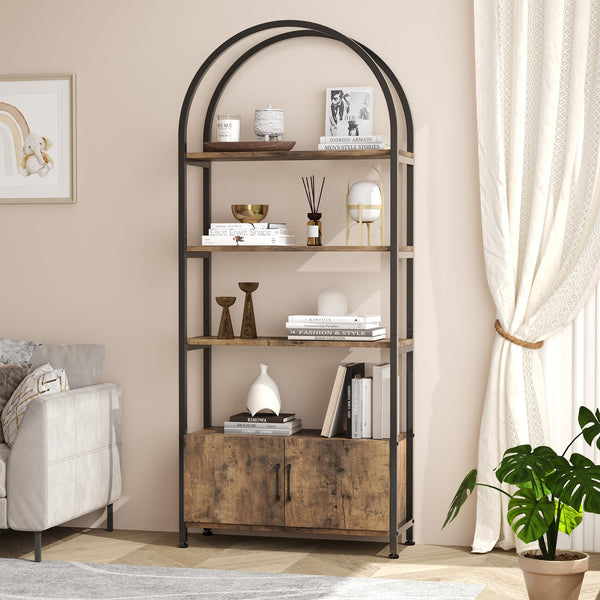 GarveeHome Arched Bookshelf, Bookcase with Doors Storage, 71.5 Inches Tall Industrial Book Shelf with Sturdy Metal Frame and Quality Boards, Freestanding Display Shelving (Brown)
