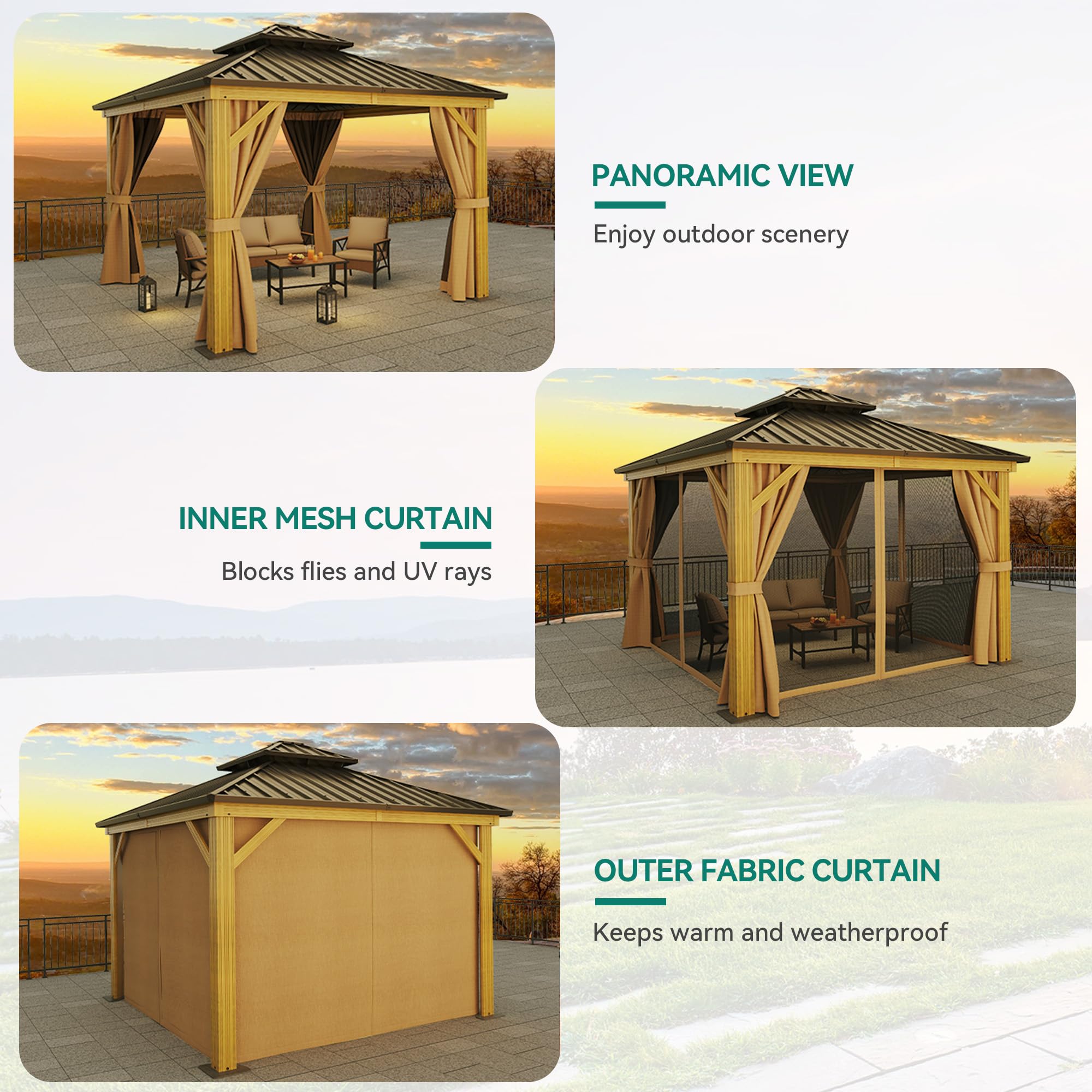 YITAHOME 10x10ft Hardtop Gazebo with Nettings and Curtains, Wood Grain Heavy Duty Double Roof Galvanized Steel Outdoor Combined of Vertical Stripes Roof for Patio, Backyard, Deck, Lawns, Brown