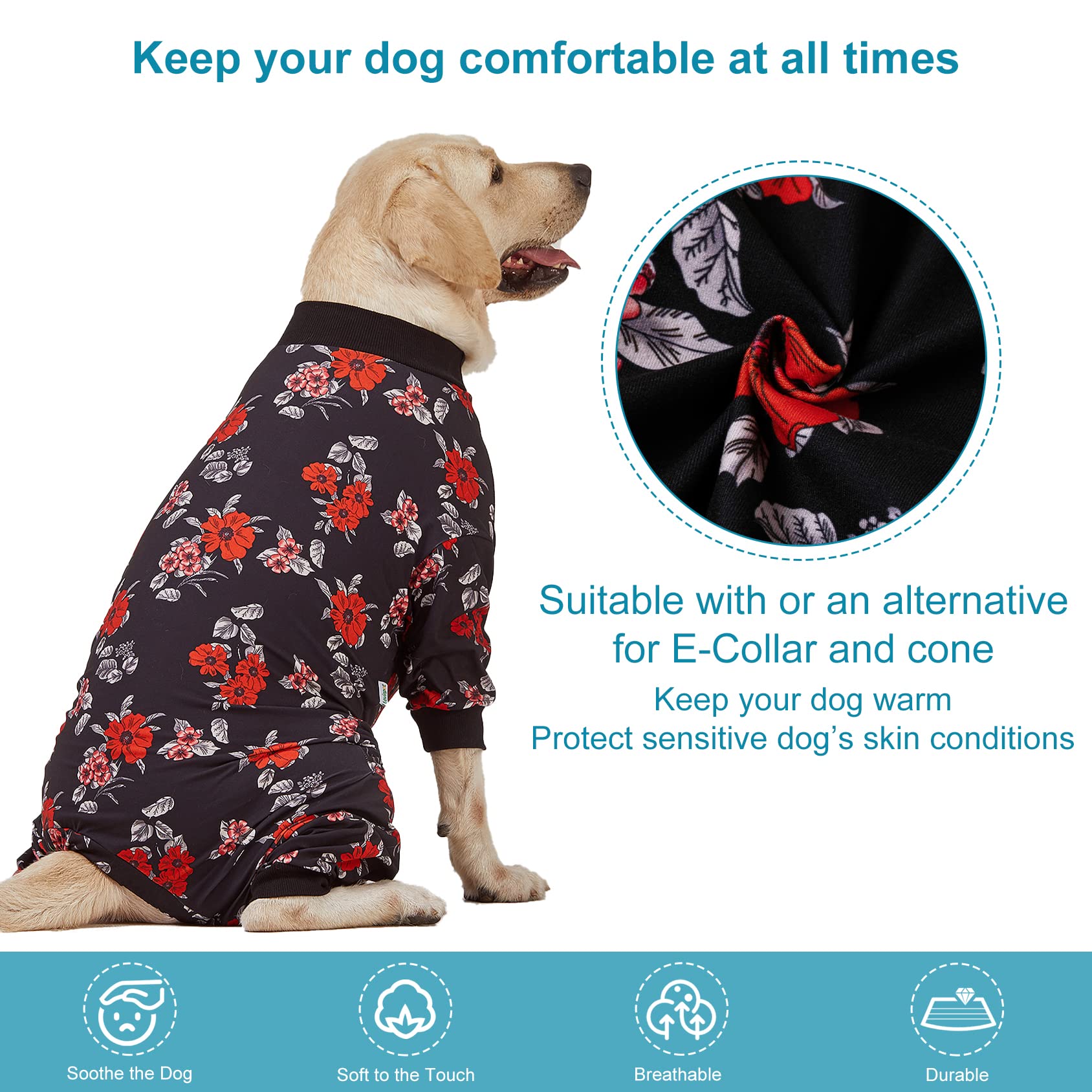 LovinPet Pet Pajamas for Large Dogs - Floral Navy and Coral Print Dog Jammies, Lightweight Stretchy Knit Big Dog Pullover, Large Dog Onesie, Pet PJ's/XXL