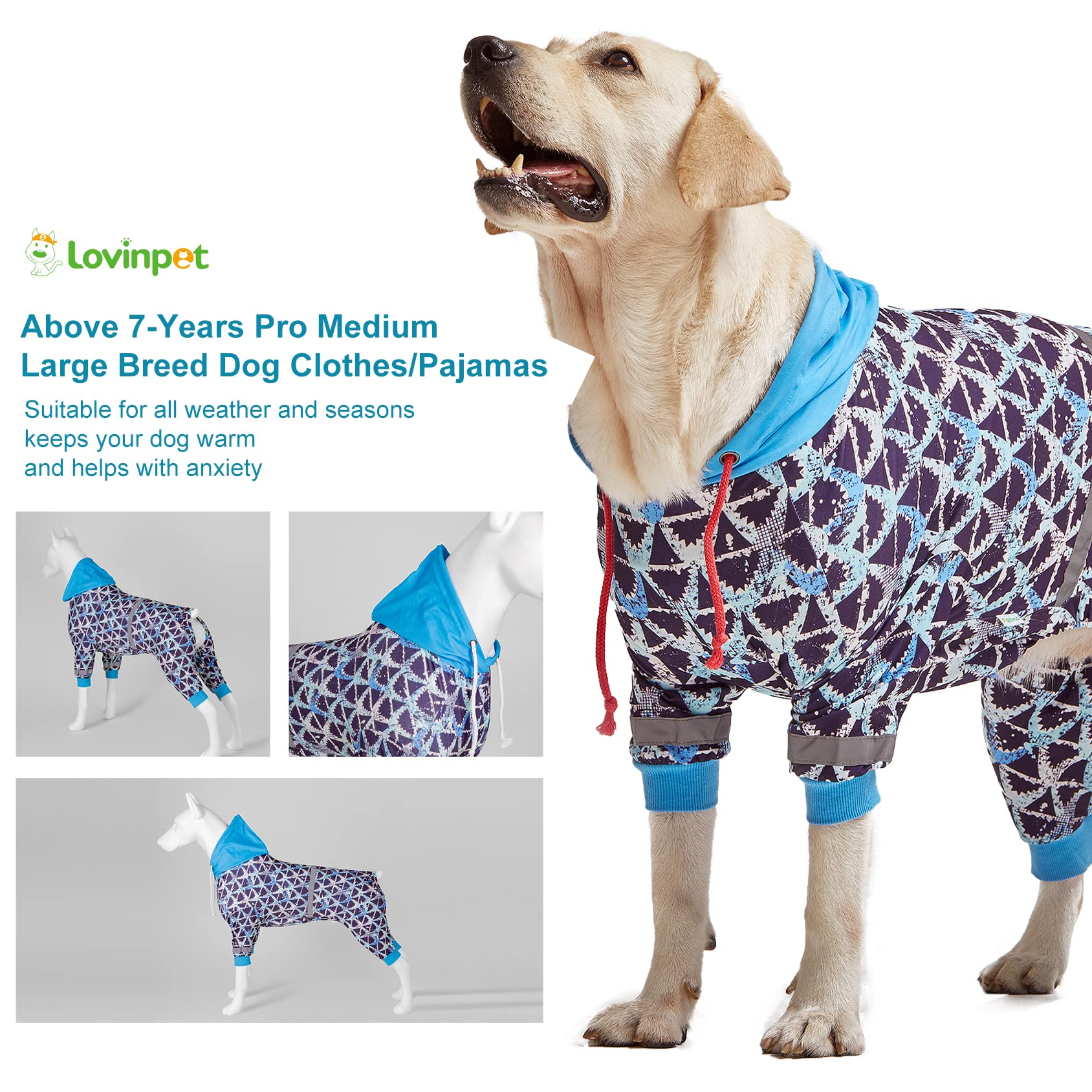 LovinPet Large Pitbull Dogs Onesies - Wound Care/Post Surgery Dog Clothes,Anxiety Relief Shirt for Dogs, Large Breed Dog Jammies, Lightweight Stretchy,Reflective Stripe,Brown Shark Print, Pet PJ's/XL