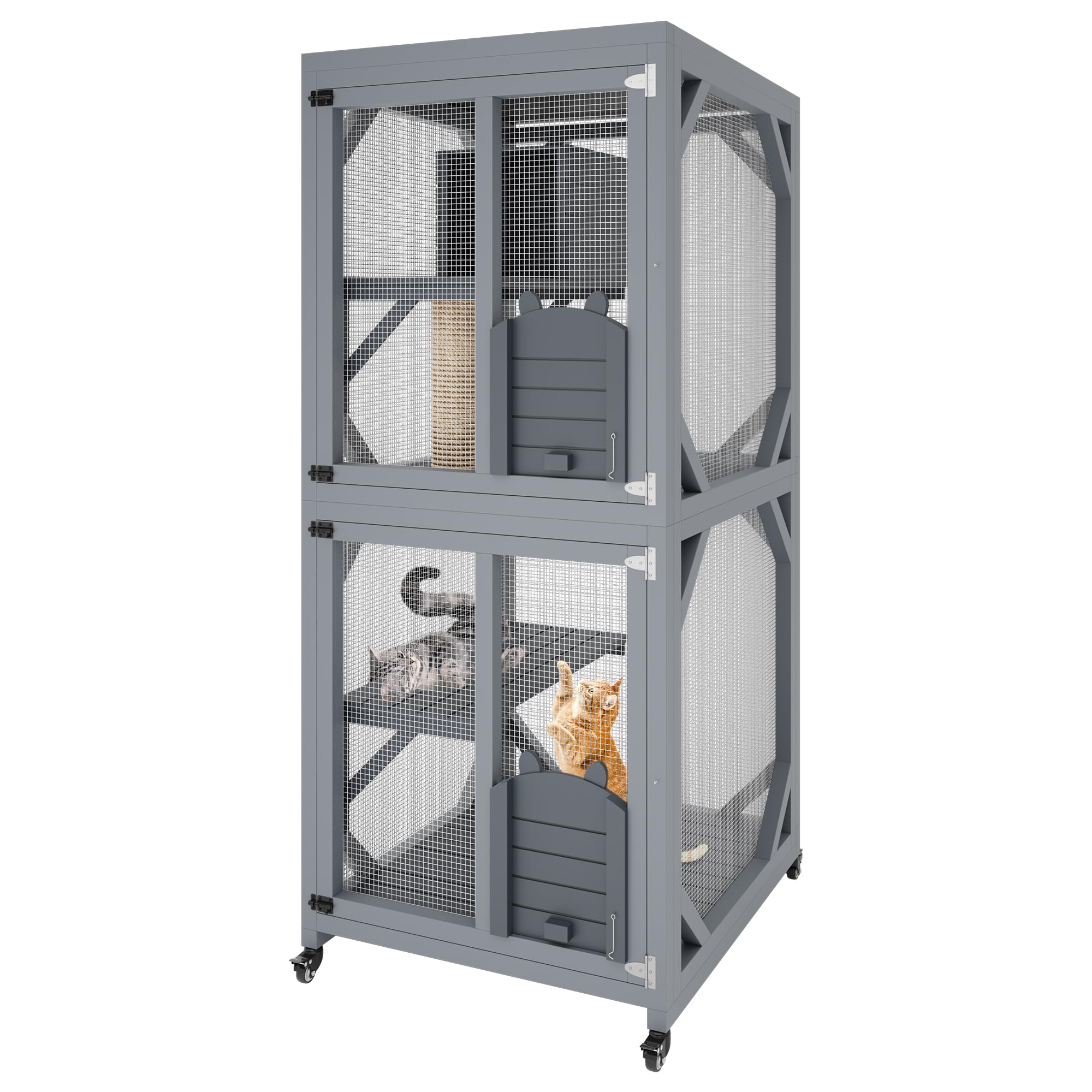 Outdoor Cat Enclosure On Wheels, 68'' Window Catio Kitty House with Weatherproof Roof, 4 Platforms, Resting Box and Scratch Post, Portable Cat Playpen Feral Cats Shelter Grey