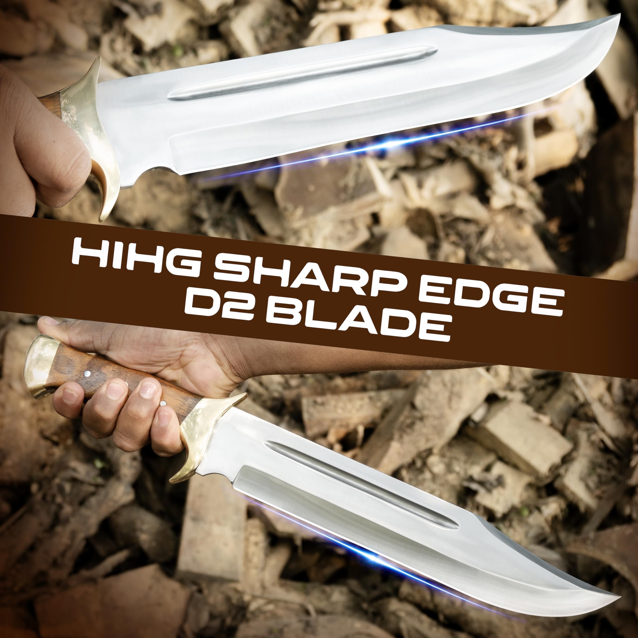 Handmade D2 Steel 18 Inches Large Bowie Knife, Full Tang Fixed Blade With Rosewood Handle and Brass Guard Hunting Knife with Leather Sheath Ideal for Camping, Hiking, Survival