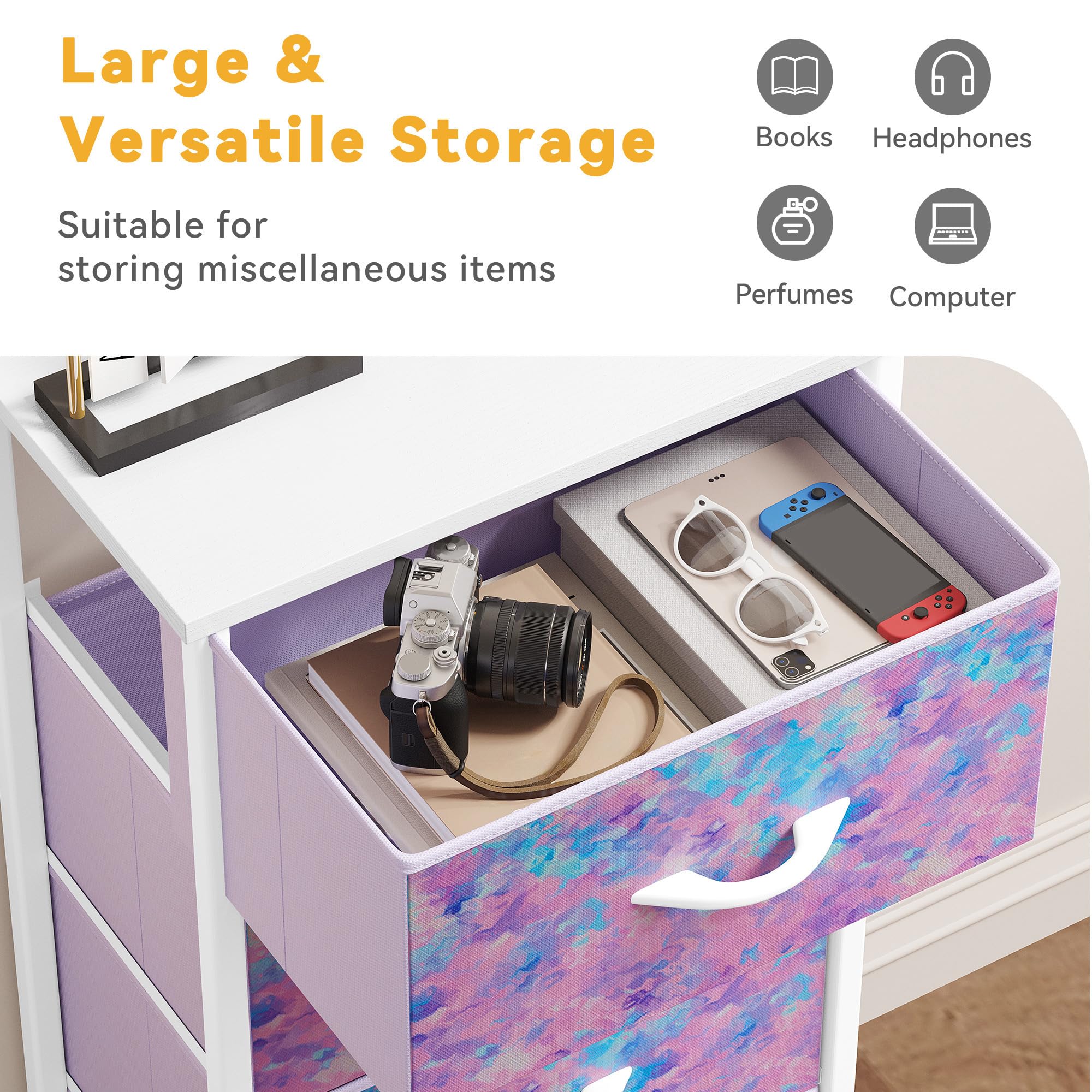 DWVO Dresser with 4 Drawers - Storage Tower Unit, Dresser for Bedroom, Living Room, Closets - Sturdy Steel Frame, Wooden Top & Easy Pull Fabric Bins, Purple