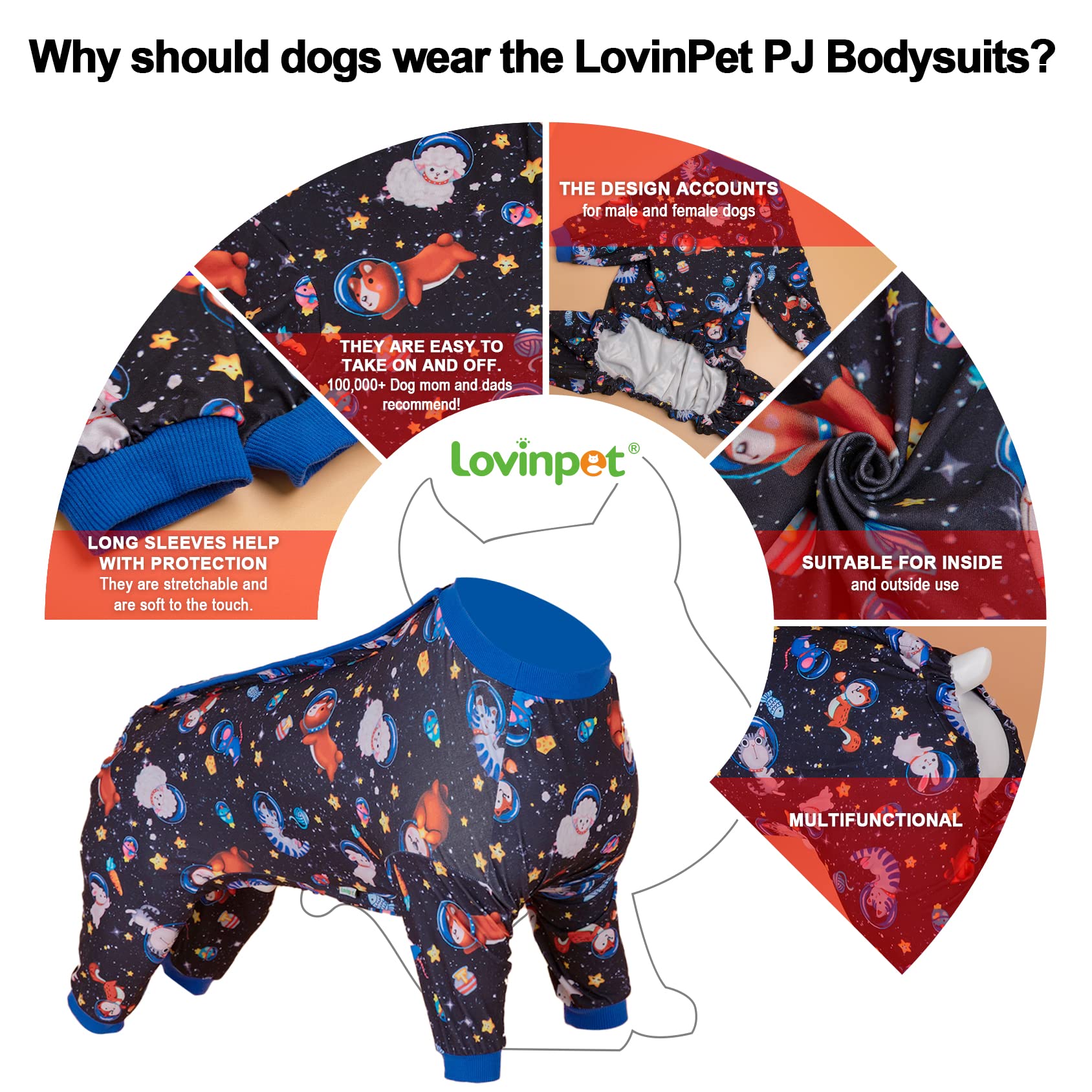 LovinPet Large Big Dog Pajamas - Anxiety Calming Dog Onesie, Pet Pajamas for Dogs, Lightweight Stretchy 4 Legged Style Large Dog Jammies, Space Animals Black Print, Pet Pjs,Black 3XL