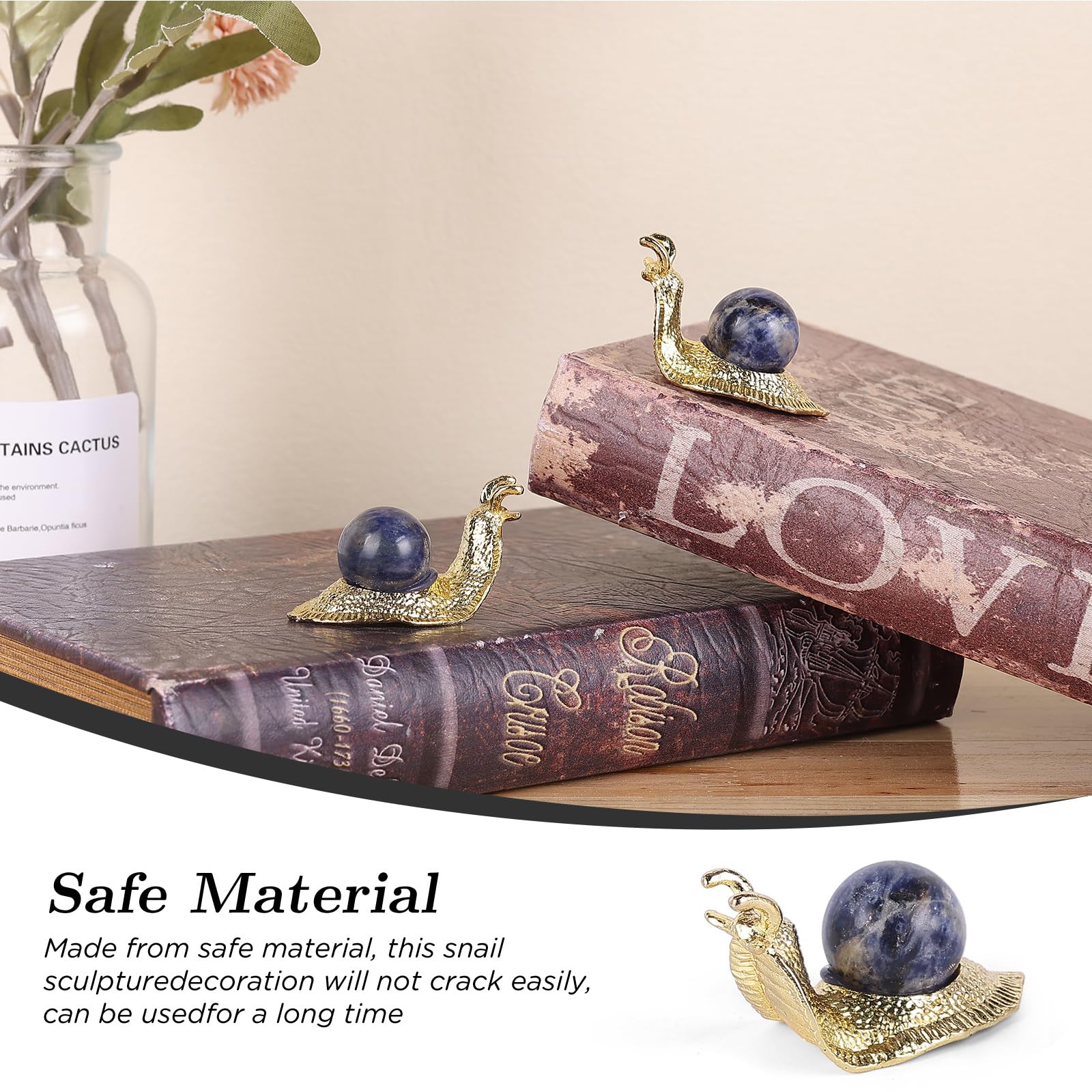 SHENGTIAN 2-Piece Set, 2-Inch Handcrafted Gold Snail Statues with 0.78-Inch Natural Sodalite Crystal Balls, Symbolizing Safety and Journey, Ideal for Desk and Home Decor (Blue-Vein)