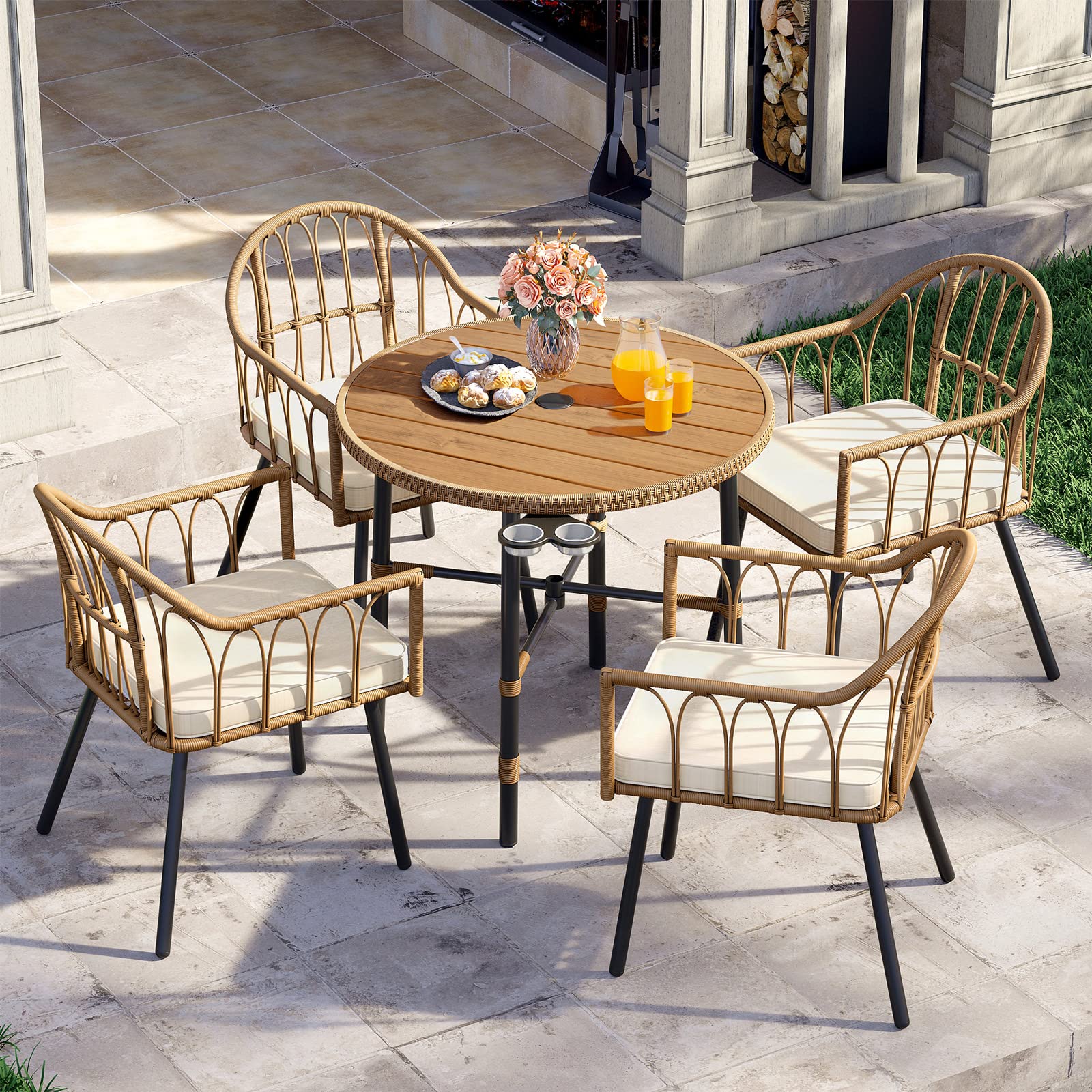 YITAHOME Rattan Outdoor Dining Chairs Set of 4 with Curved Back & Cushions Wicker Bistro Chairs with Armrest Woven Rattan Chair All-Weather Wicker Patio Dining Chair for Outdoor/Indoor, Beige
