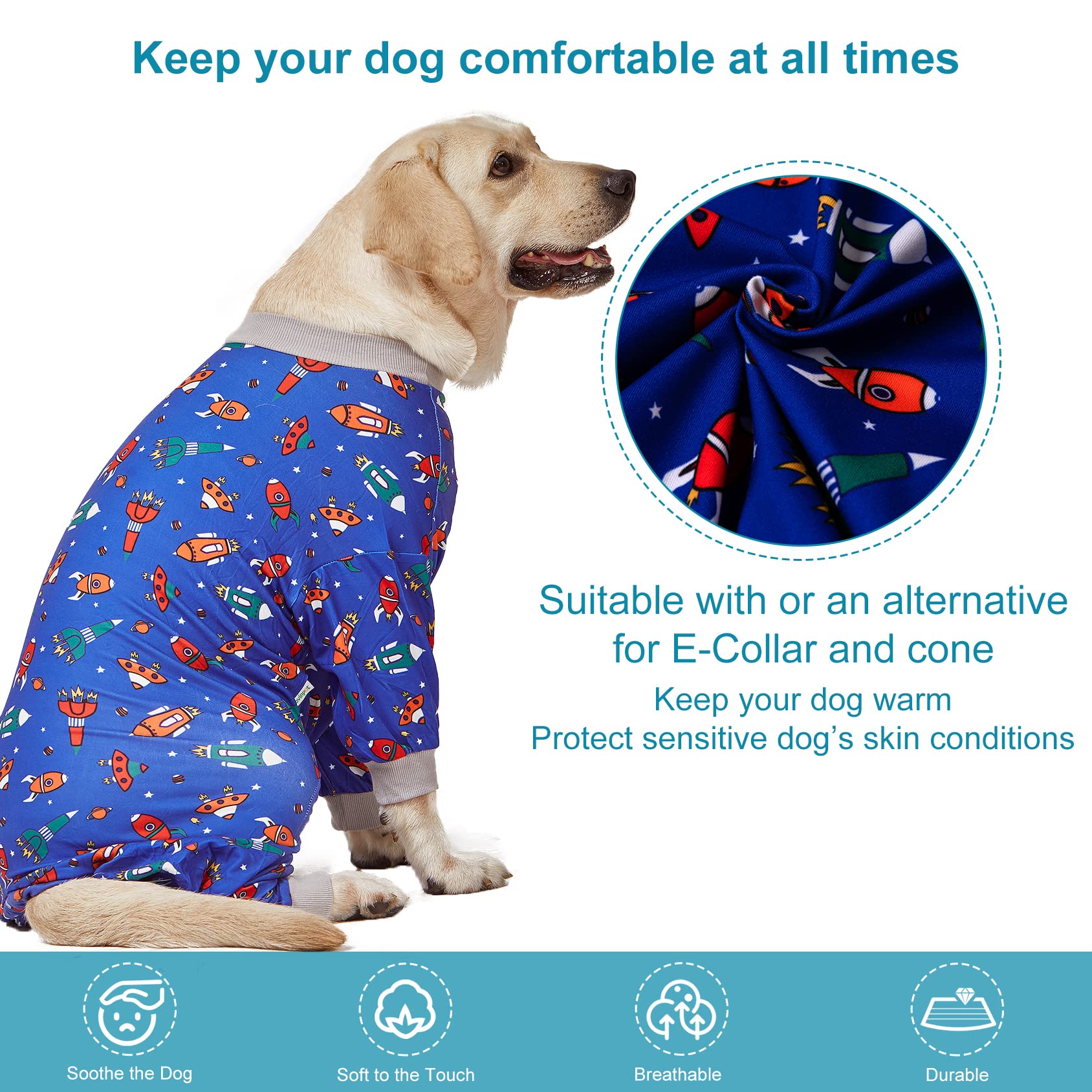 LovinPet Large Dog Pajamas, Navy Rocket and Spaceship Print, Lightweight Stretchy Knit Big Dog Pullover Shirt, Stop Shedding for Dogs, Onesies for Dogs, Pet PJ's Jumpsuit, PJ's for Pitbulls, M
