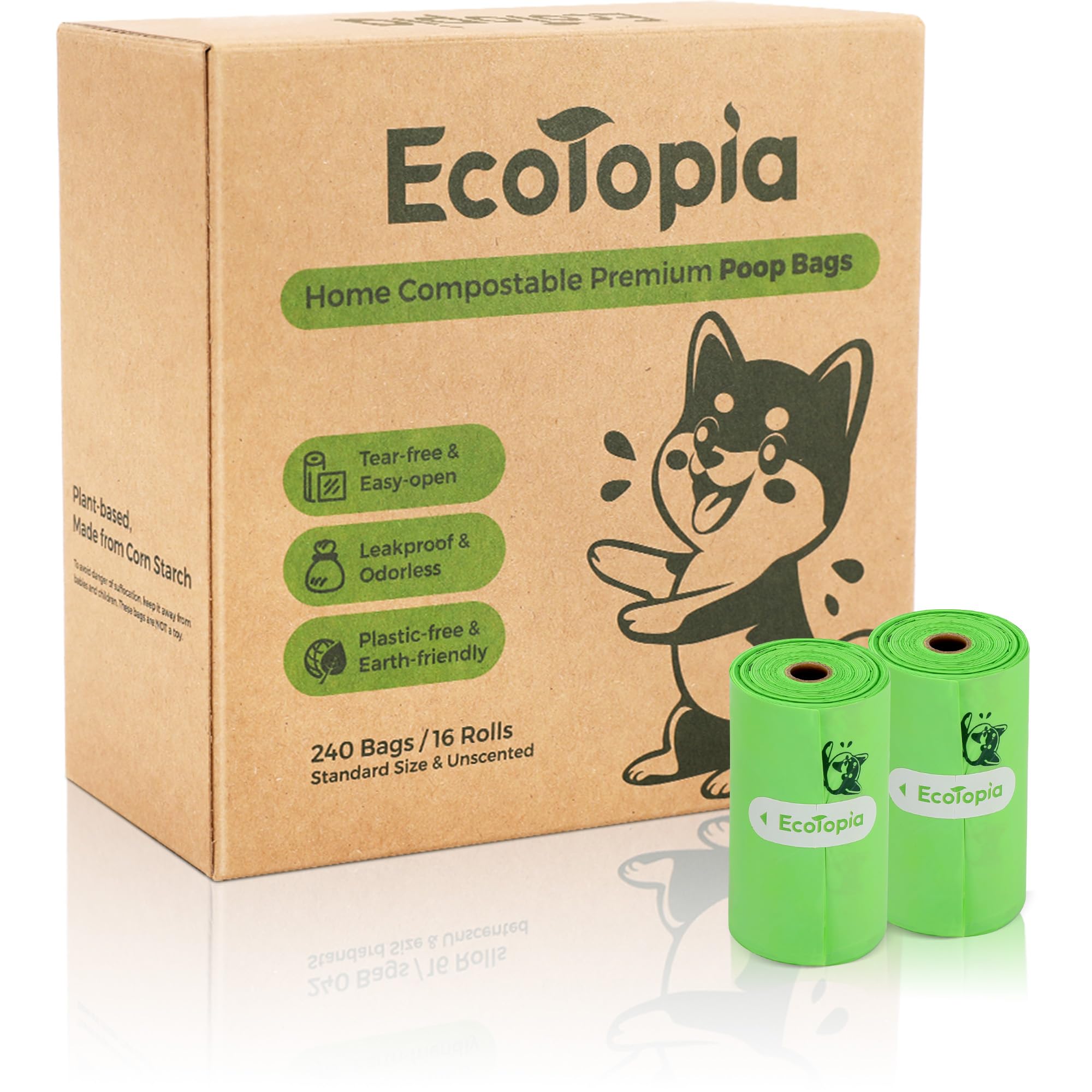 Tear-Free Dog Poop Bags Rolls and Recyclable Poop Bags Dispenser, ASTM D6400 & EN 13432 Compliant Dog Waste Bags,Extra Thick&Leakproof,240Bags,Light Green