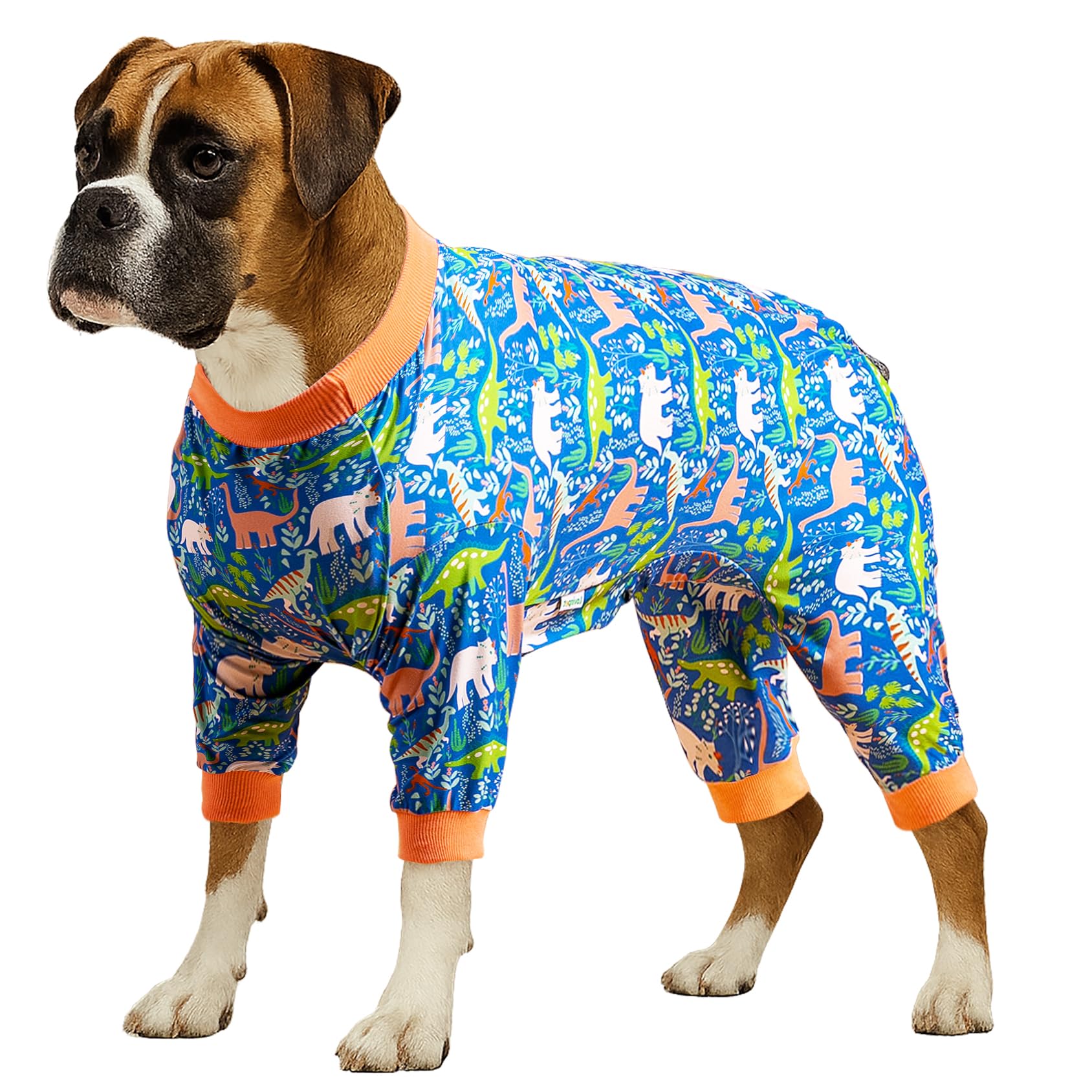 LovinPet Large Breed Dog Clothes Pajamas, Wound Care/Post Surgery Full Coverage Shirt, Dinosaur Land Blue Print, Lightweight Stretchy Knit Pullover Dog Onesie, Pet Pajamas for Dogs, Pet PJ's, 3XL