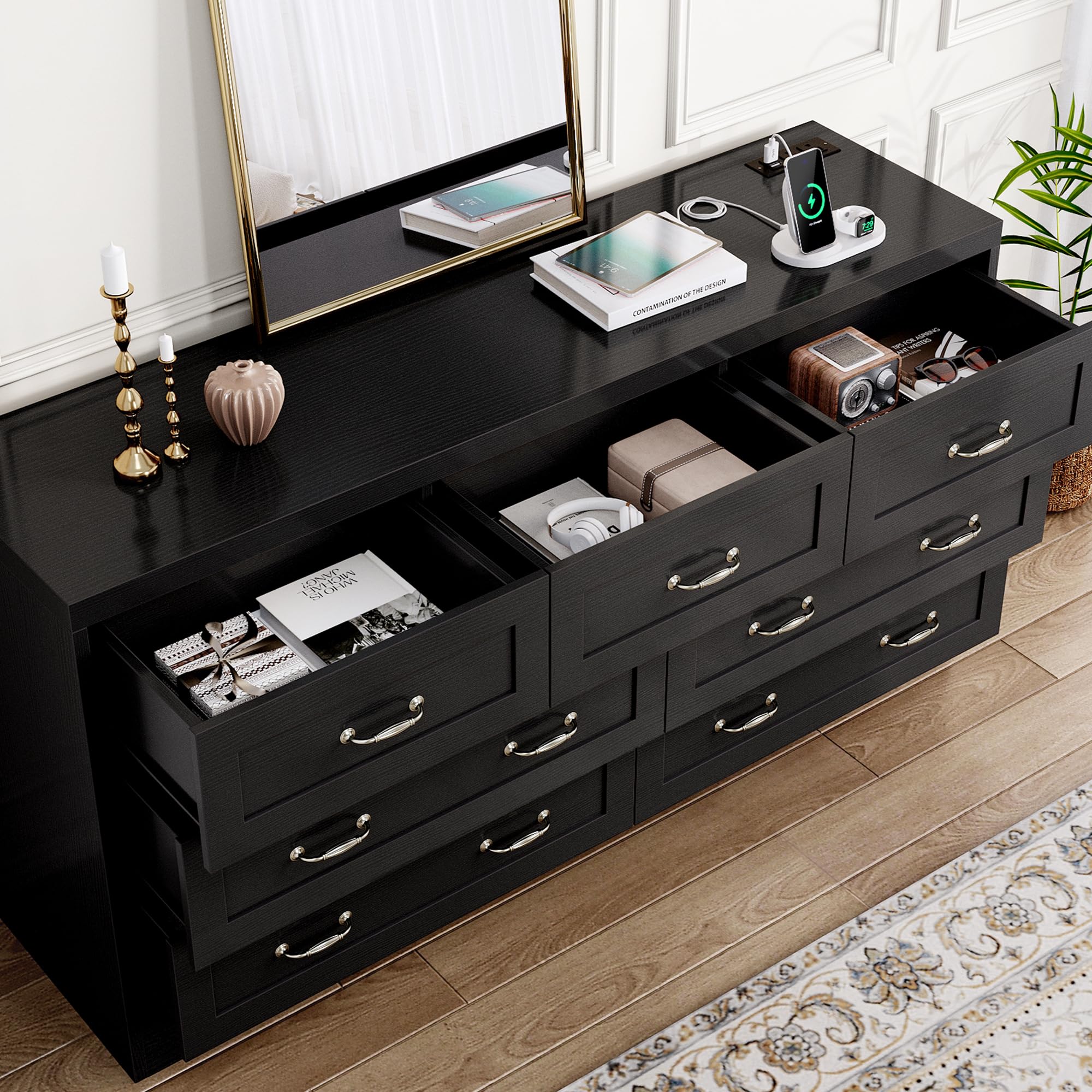 DWVO Large Buffet Sideboard Cabinet with 7 Drawers Power Outlets, Dressers Buffet Table Coffee Bar Wine Bar Storage Cabinet with Side Bags for Dining Room, Living Room (Black)