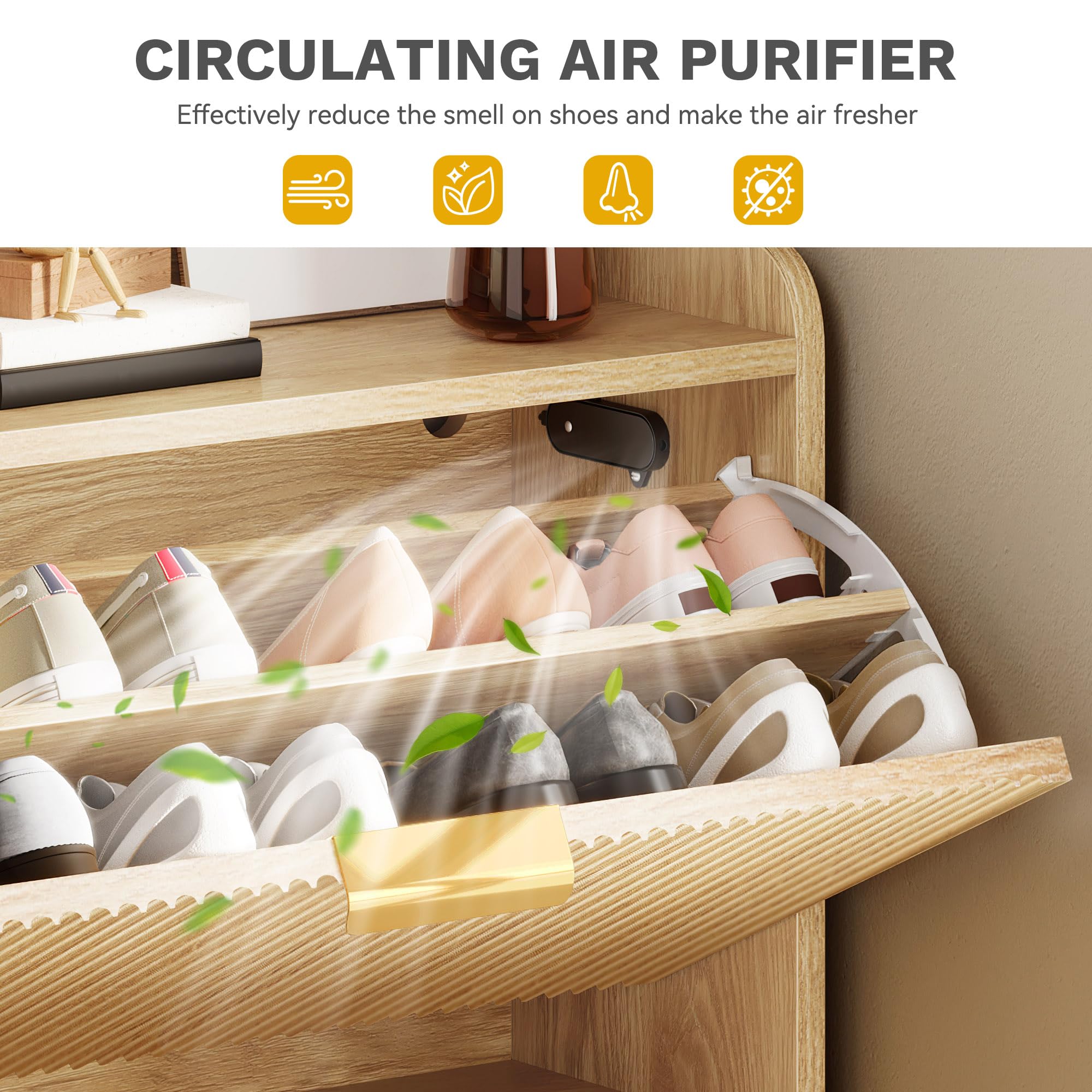 DWVO Narrow Fluted Shoe Cabinet with Air-Purifier, Shoe Storage Cabinet with 2 Flip Drawer, Adjustable or Removable Hidden Shoe Rack Free Standing Shoe Cabinet Organizer for Entryway,Hallway-Natural
