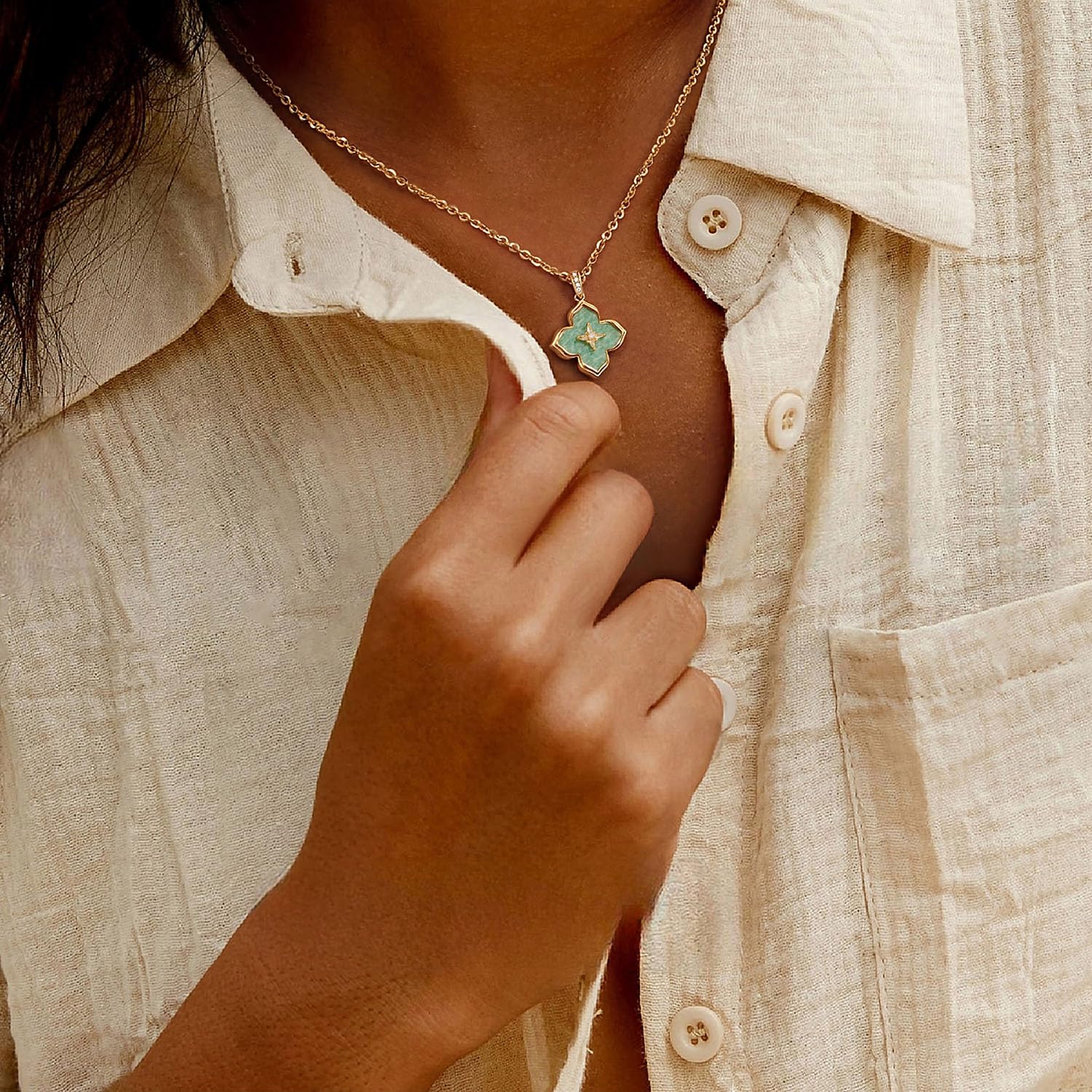 MYEARS Women Gold Necklace Clover Pendant Gemstone Green Amazonite Cubic Zirconia 14K Simple Dainty Chain Everyday Trendy Lucky Flower Jewelry