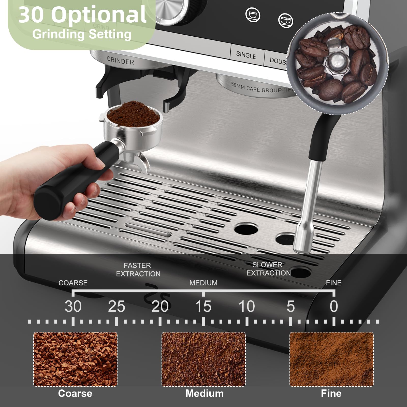 Garvee Espresso Coffee Machine with Grinder, 20 Bar Semi-Automatic Espresso Maker with Milk Frother Steamer Wand for Cappuccino, Latte, Macchiato, 2.8 L Water Tank, PID Temperature Control
