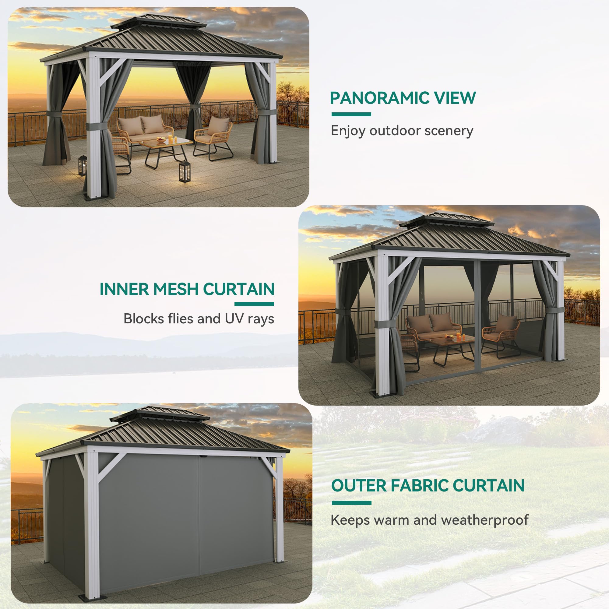 YITAHOME White Gazebo 10x12ft Hardtop Double Roof Canopy Galvanized Iron Aluminum Frame Outdoor Gazebo with Netting and Shaded Curtains Garden Tent for Patio, Backyard, Deck and Lawns, Grey Curtain