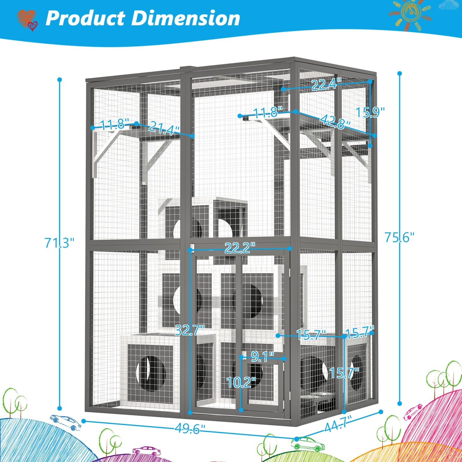 Wooden Window Catio Outdoor Cat Enclosure, Large Feral Cat Shelter for Mulitiple Cats, Walk In Cage With 7 Removable Napping Houses, Outside Cats Patio Enclosure Weatherproof Roof Gray