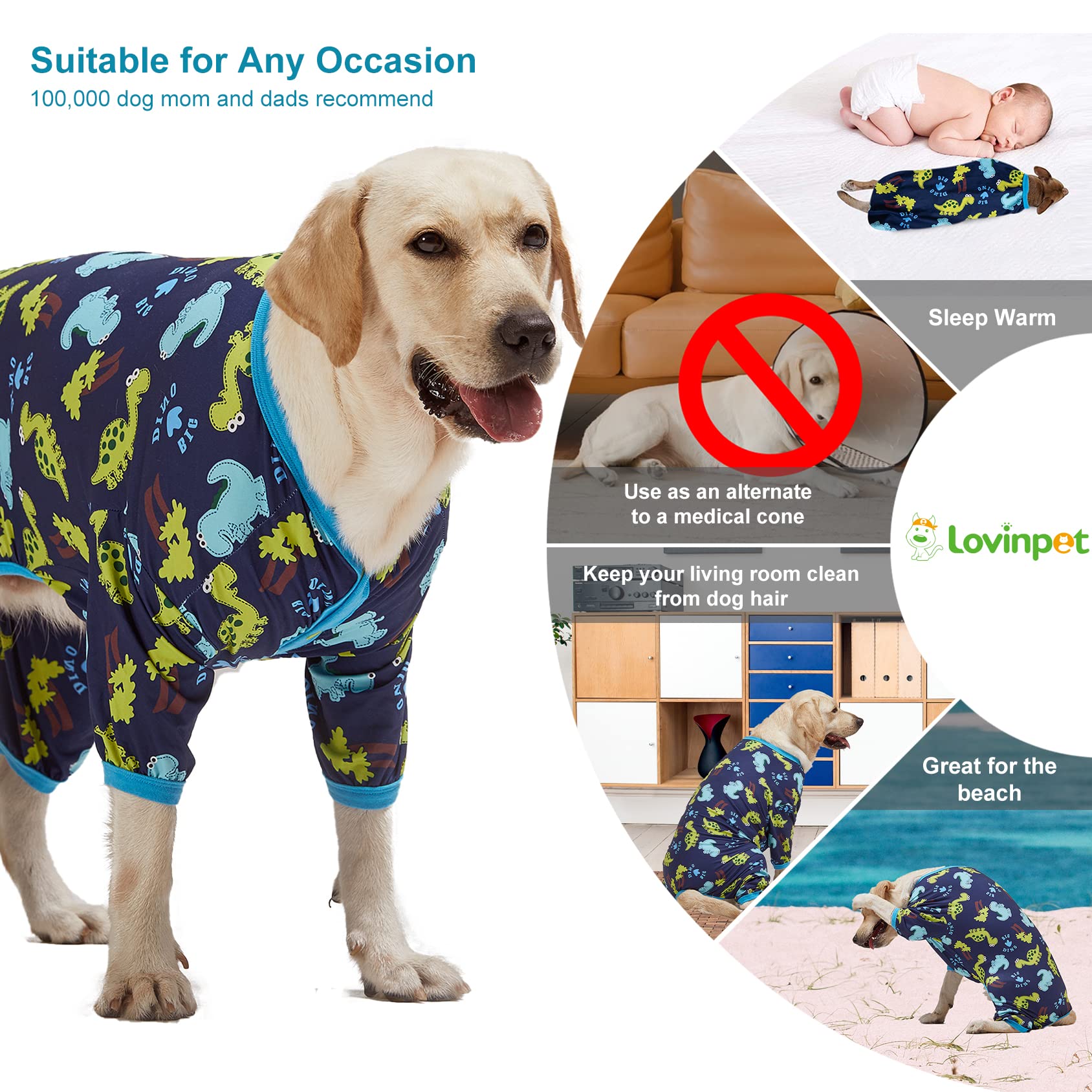 LovinPet Dog Clothing for Large Dogs: Dinosaur in The Jungle Print, Lightweight Stretchy Knit Pullover Puppy Pajamas, Big Dog Onesie. Large Breed Dog Jammies, Pet PJ's/XL