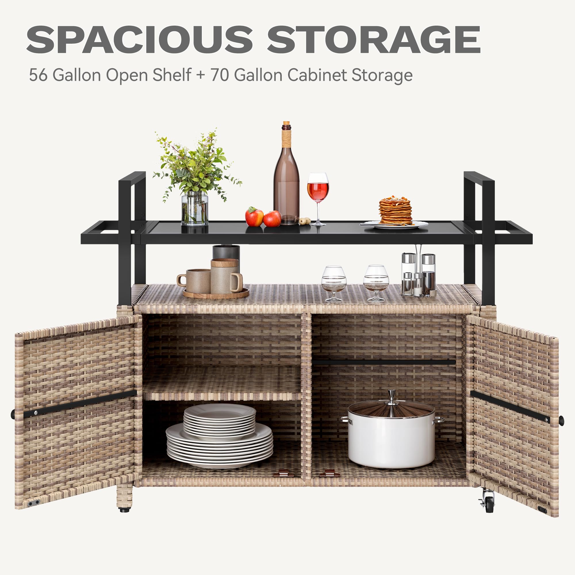 DWVO Patio Storage Cabinet,Outdoor Bar Cart with Glass Top,Outdoor Storage Table with Wheels for Patio, Poolside and Backyard,Light Brown