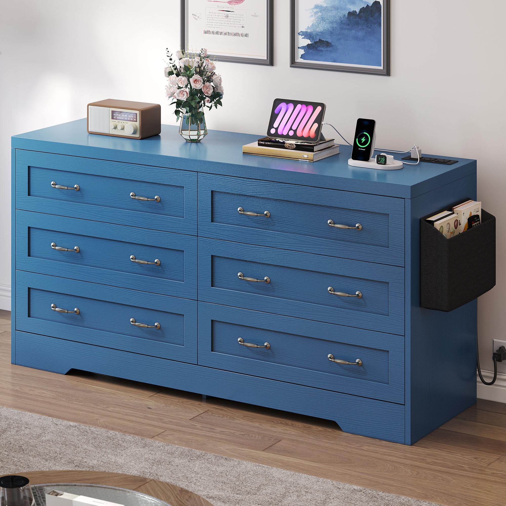 GOOBED Farmhouse 6 Drawer Dresser for Bedroom, TV Stand with Large Drawers & Bar Handles, Storage with Power Outlets, Rustic Wood Chest of Drawers, Blue