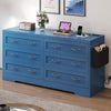 GOOBED Farmhouse 6 Drawer Dresser for Bedroom, TV Stand with Large Drawers & Bar Handles, Storage with Power Outlets, Rustic Wood Chest of Drawers, Blue