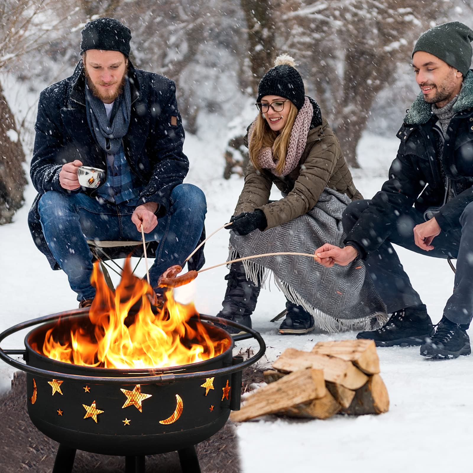 PHI VILLA 30" Outdoor Wood Burning Firepit with Cooking Grate, Patio Deep Bowl Steel Fire Pits for Outside with Adjustable Swivel BBQ Grill Pan, Star & Moon Cutouts Pattern, Poker & Spark Screen