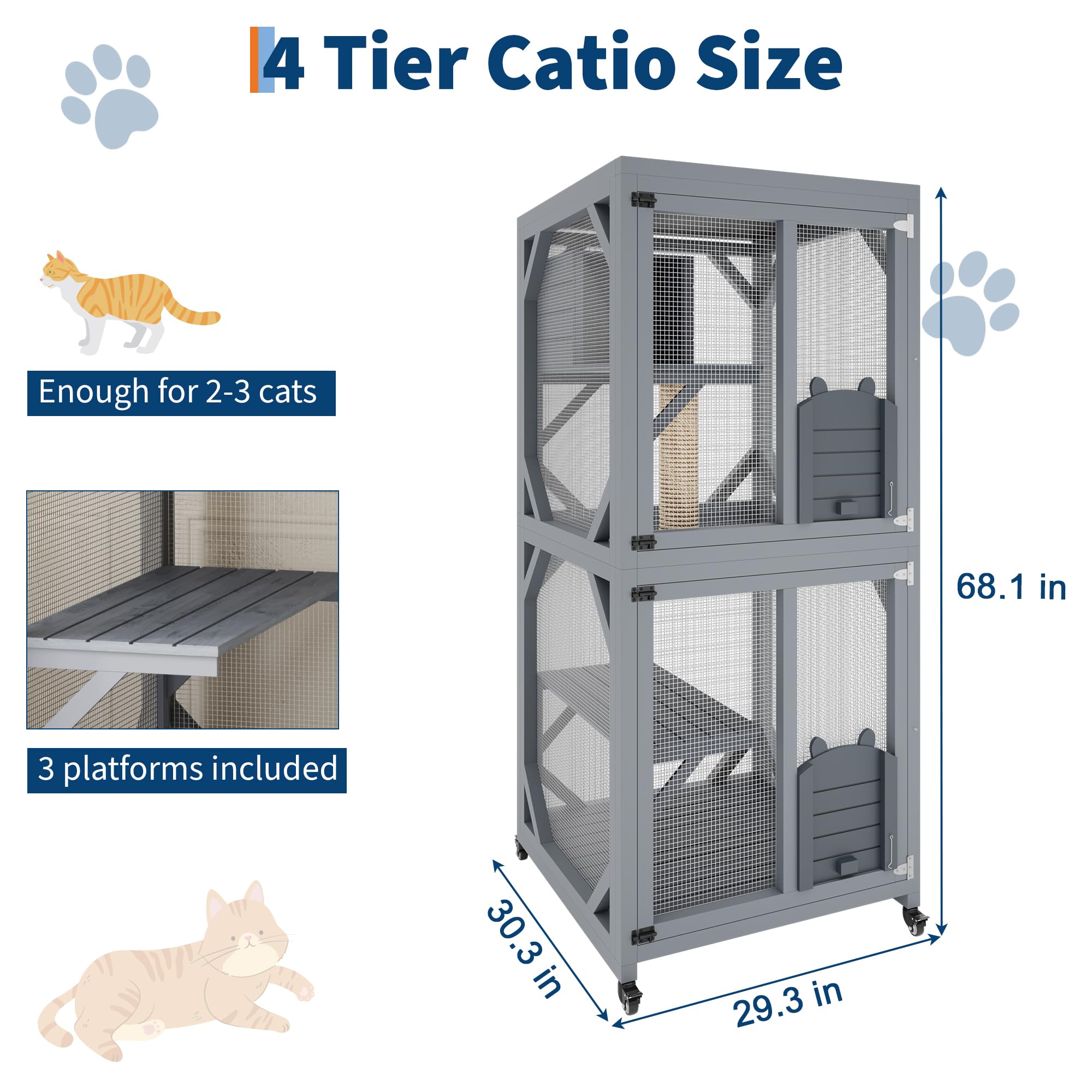 Outdoor Cat Enclosure On Wheels, 68'' Window Catio Kitty House with Weatherproof Roof, 4 Platforms, Resting Box and Scratch Post, Portable Cat Playpen Feral Cats Shelter Grey