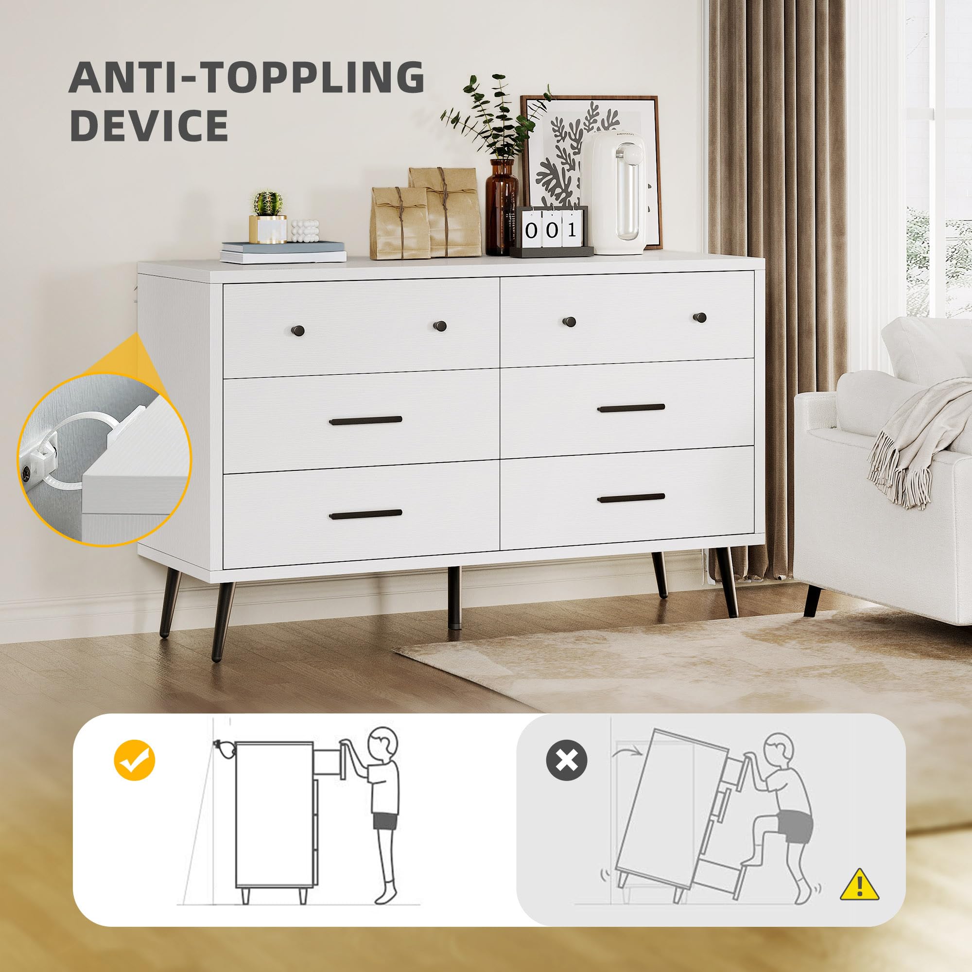 DWVO White 6 Drawers Dresser, Modern Wood Dresser Chest of Drawers with Black Metal Handle ＆ Anti-Tipping Device, Modern Storage Cabinet for Hallway, Entryway, Living Room