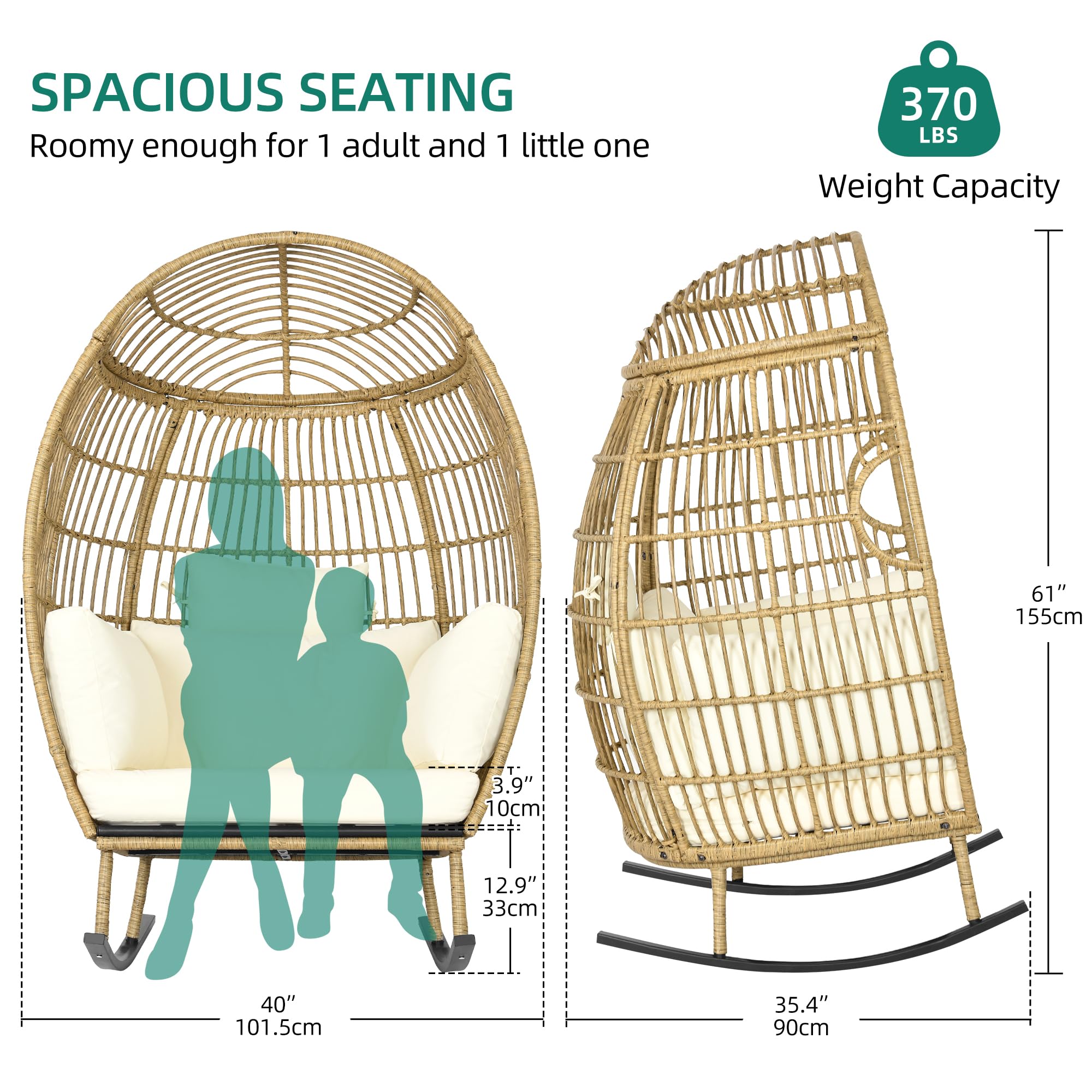 YITAHOME Rocking Egg Chair for Outdoor, Oversized Patio Rocking Basket Chair with 400lbs Capacity, All-Weather Wicker Egg Lounger Chair for Outside Indoor (Beige)