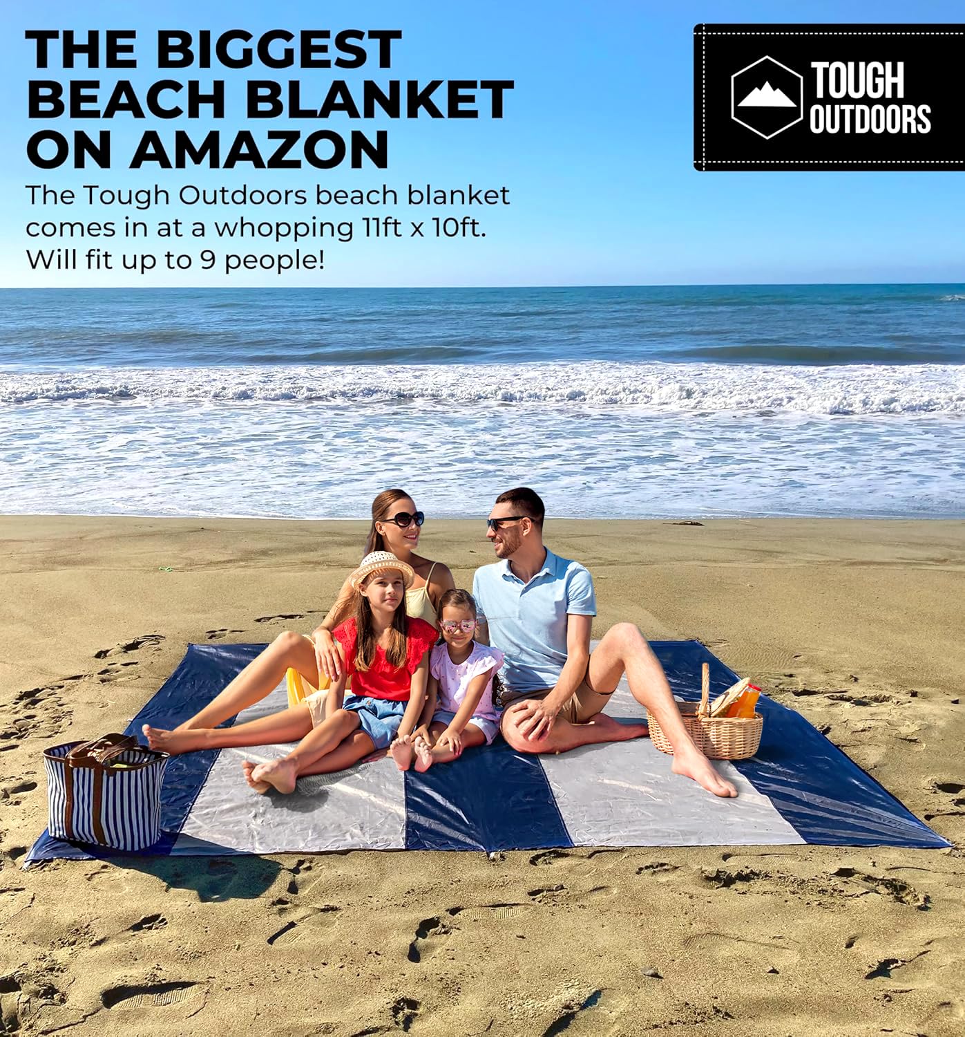 Tough Outdoors Extra Large Beach Blanket Waterproof Sandproof Oversized - 11'x10' Sand Free Beach Mat for 9 Adults - Hiking, Outdoor & Beach - Navy Blue & White