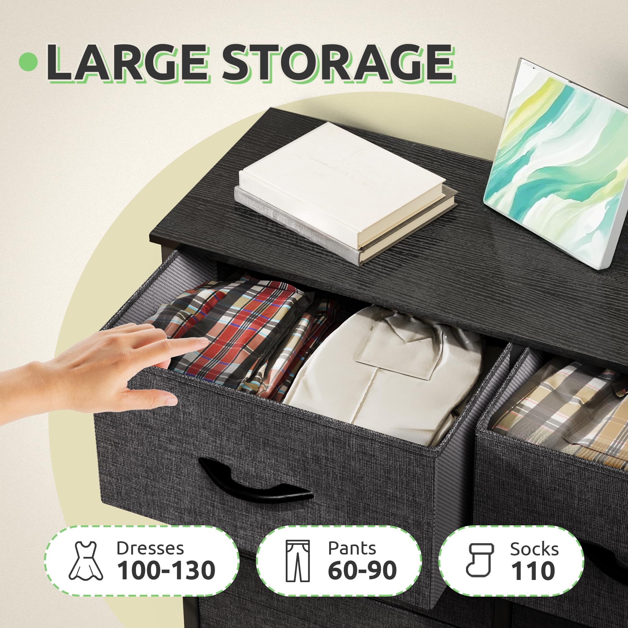 GOOBED Dresser with 9 Drawers - Fabric Storage Tower, Tall Chest Organizer Unit for Living Room, Entryway with Sturdy Steel Frame, Wooden Top, Cool Black Grey