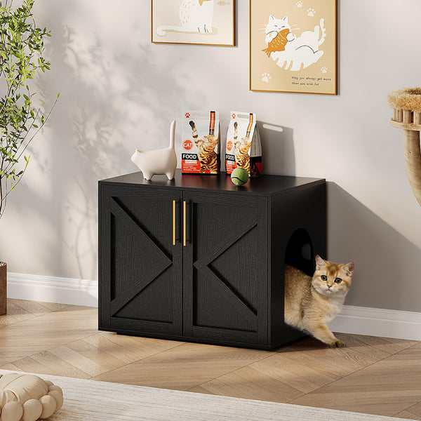 GarveeHome Cat Litter Box Enclosure, Hidden cat Litter Box Furniture with with 2 Doors and Pads, Wooden Kitty Litter Box Cabinet Furniture (Black, 1 Room)