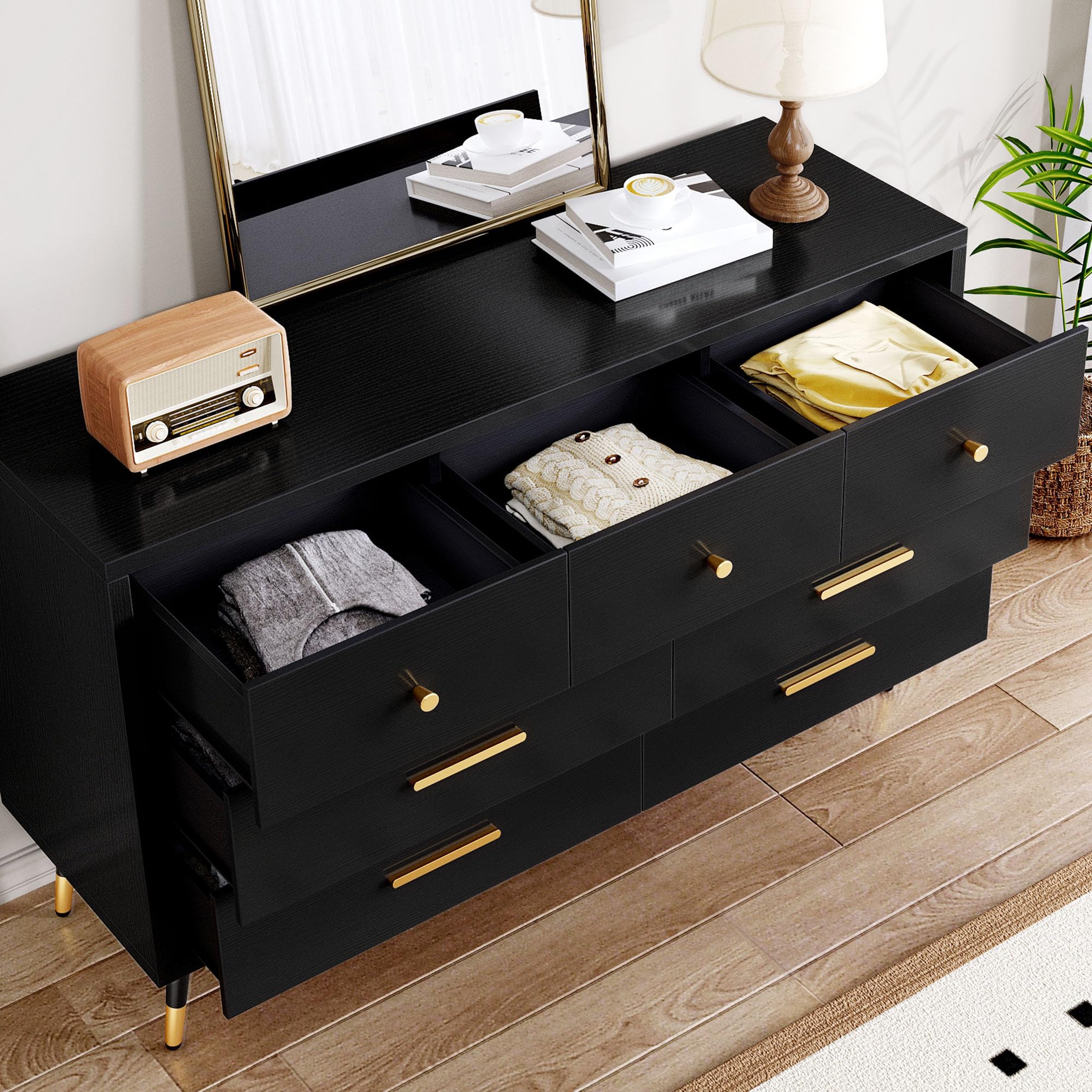 DWVO Black Dresser,7 Drawer Dresser with Wide Drawers and Gold Metal Handles, Wood Dressers & Chest of Hallway, Entryway