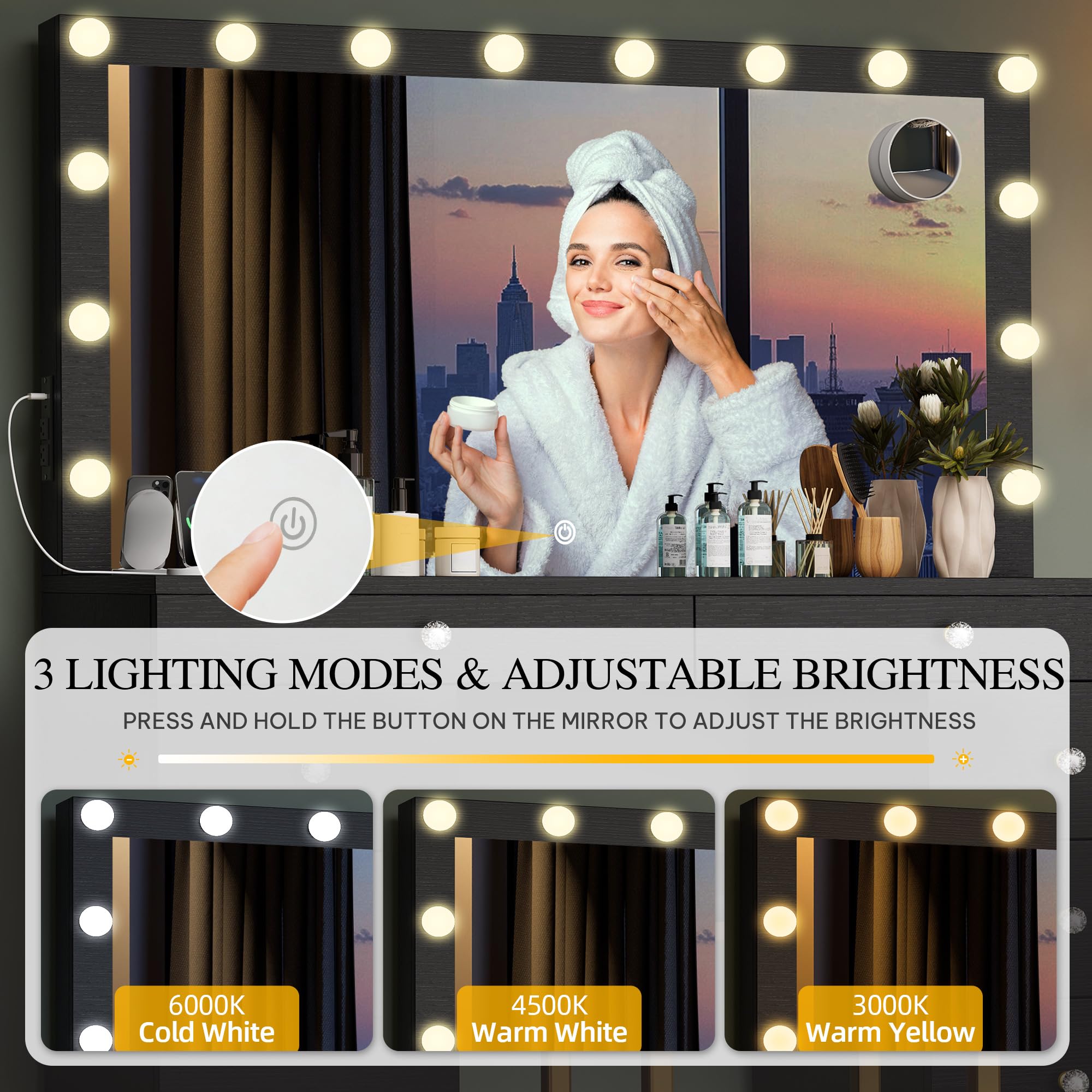 DWVO Vanity Desk with Mirror and Lights, Large Vanity Set with Power Outlet, Makeup Table with 8 Drawers, Dimmable 3 Lighting Colors, Makeup Desk for Bedroom and Dressing Room, Black