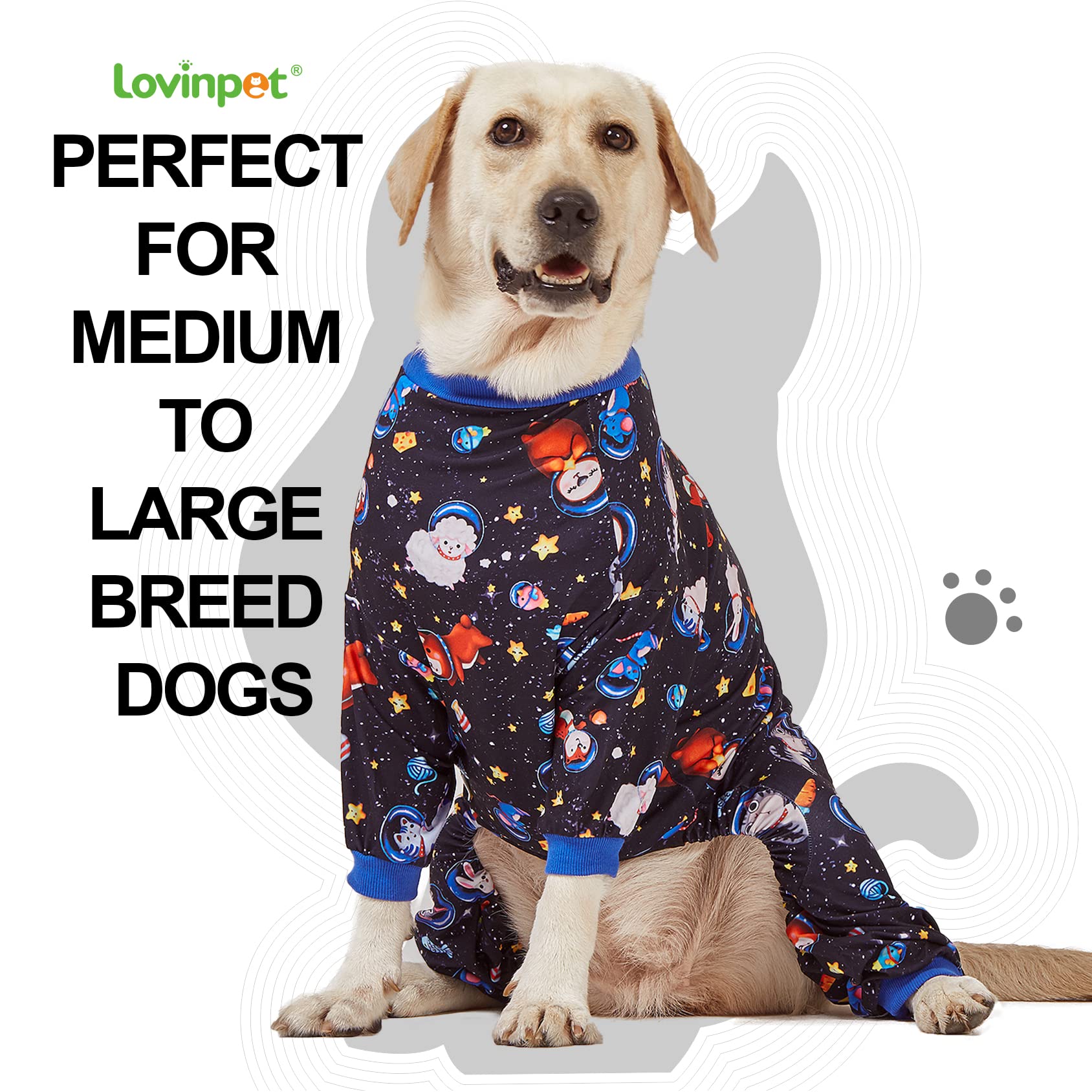 LovinPet Large Big Dog Pajamas - Anxiety Calming Dog Onesie, Pet Pajamas for Dogs, Lightweight Stretchy 4 Legged Style Large Dog Jammies, Space Animals Black Print, Pet Pjs,Black 3XL
