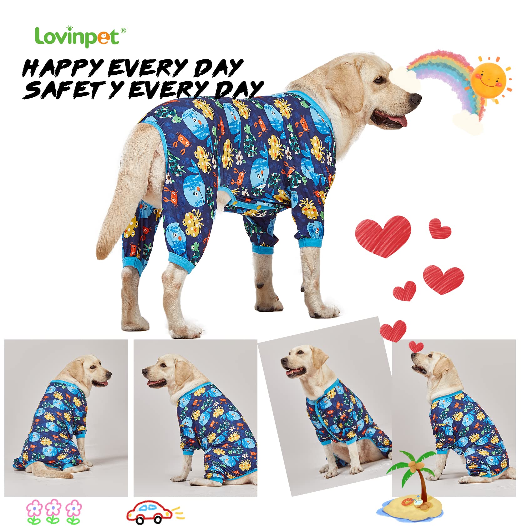 LovinPet Pajamas for Large Dogs, Lightweight Stretch Knit Pullover Dog Shirt, Marine Life Print, Pet Pajamas for Dogs, Large Breed Dog Jammie, PJ's for Pitbulls, Pet PJ's, L