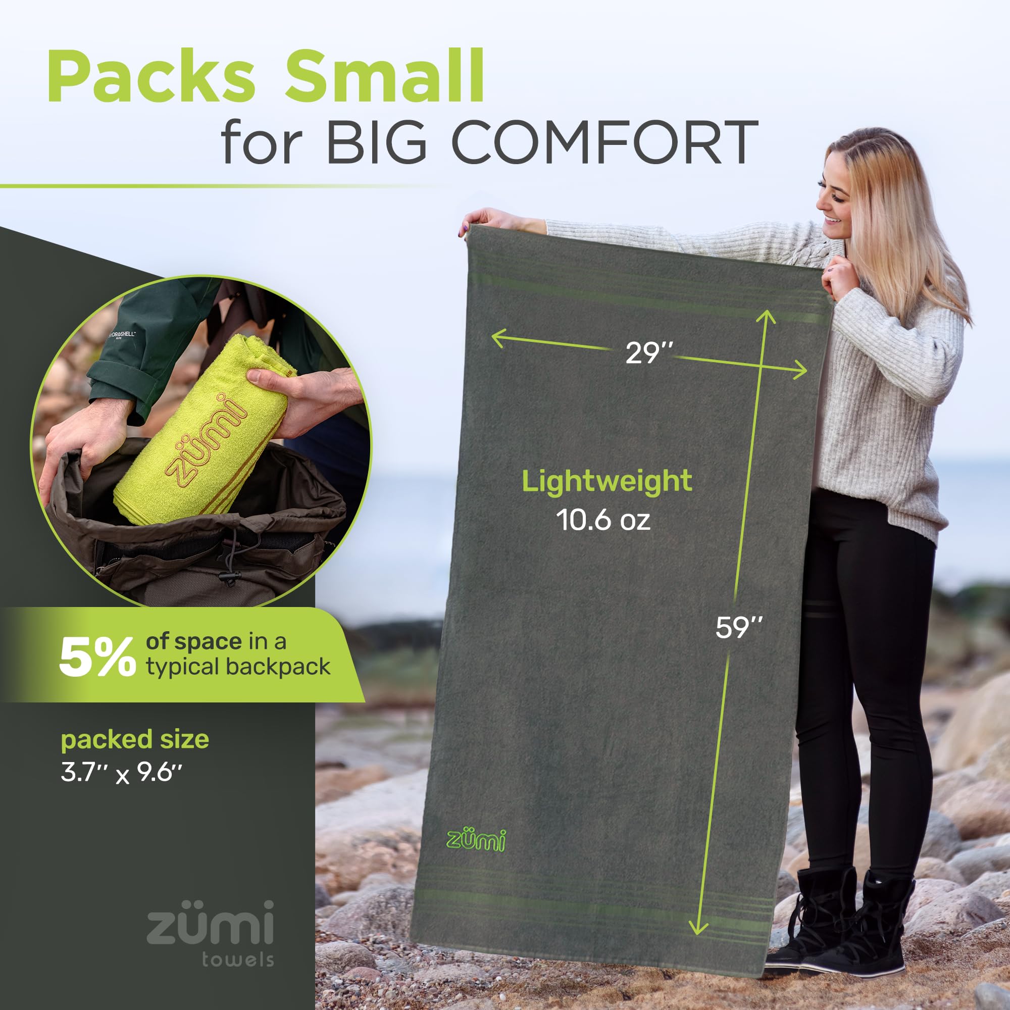 Zumi 100% Cotton Quick Dry Large Travel Towel - Soft, Thin, Compact, Highly Absorbent, Lightweight Camping Towel for Beach, Gym, Bath, Shower, Swimming, Dorm, RV - Gray