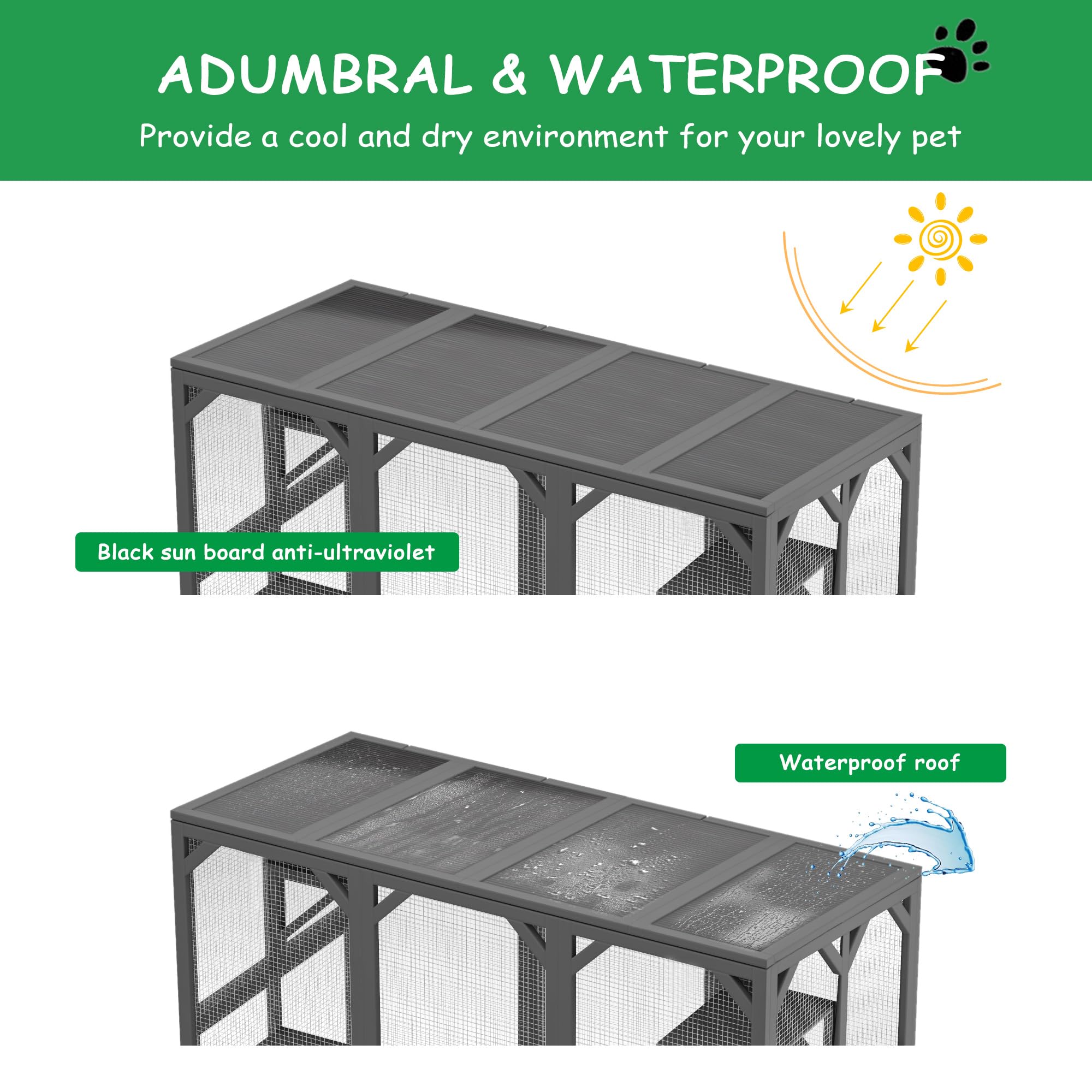 Wooden Window Catio Outdoor Cat Enclosure, Large Feral Cat Shelter for Mulitiple Cats, Walk in Cage with 6 Platforms, Outside Cats Patio Enclosure Weatherproof Roof Gray