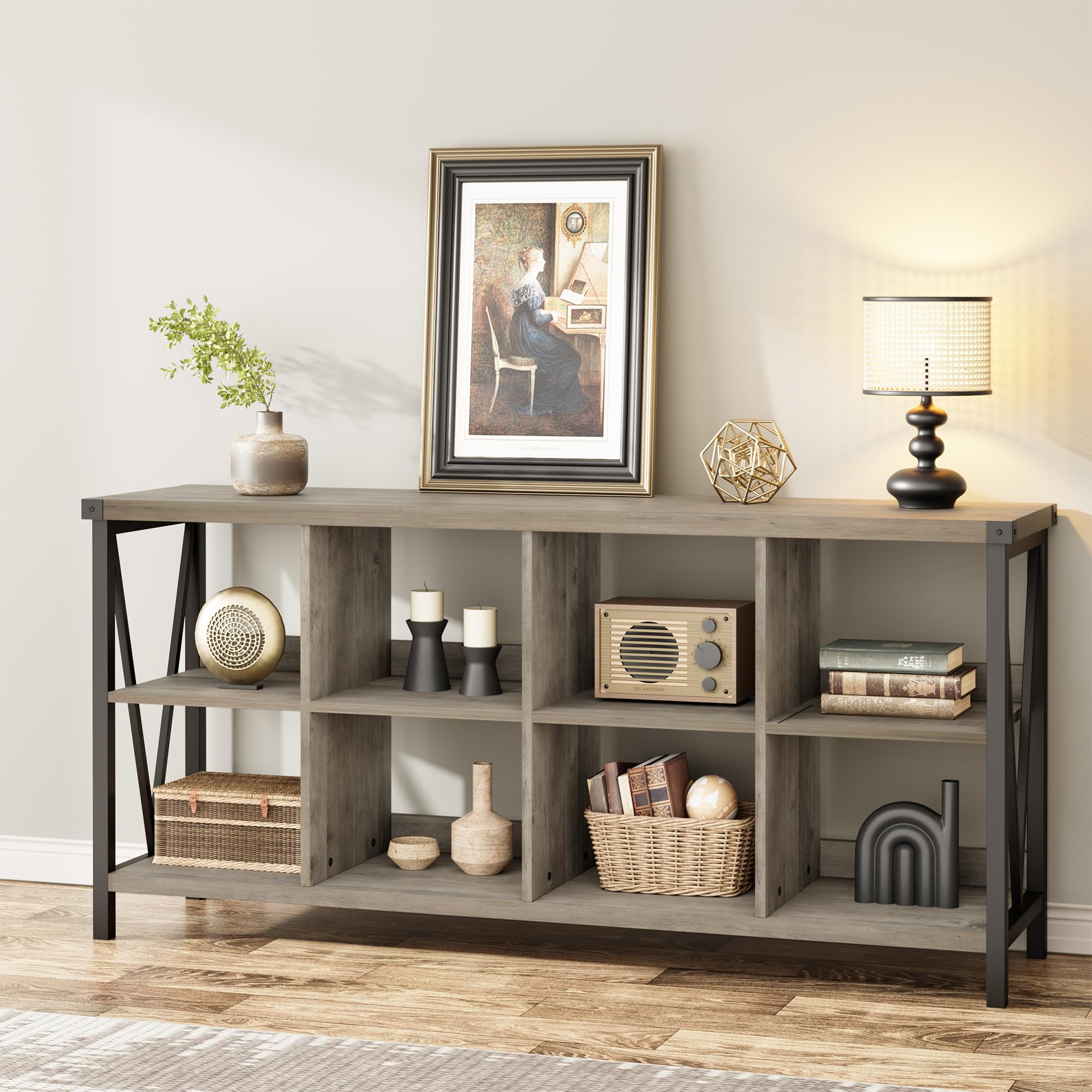 GarveeHome 8 Cube Storage Organizer Bookshelf, 3 Tier Metal Horizontal Bookcase, 62 Inch Console Bookshelf, Industrial Storage Bookcase for Entryway, Long Low Bookshelf for Living Room-Grey