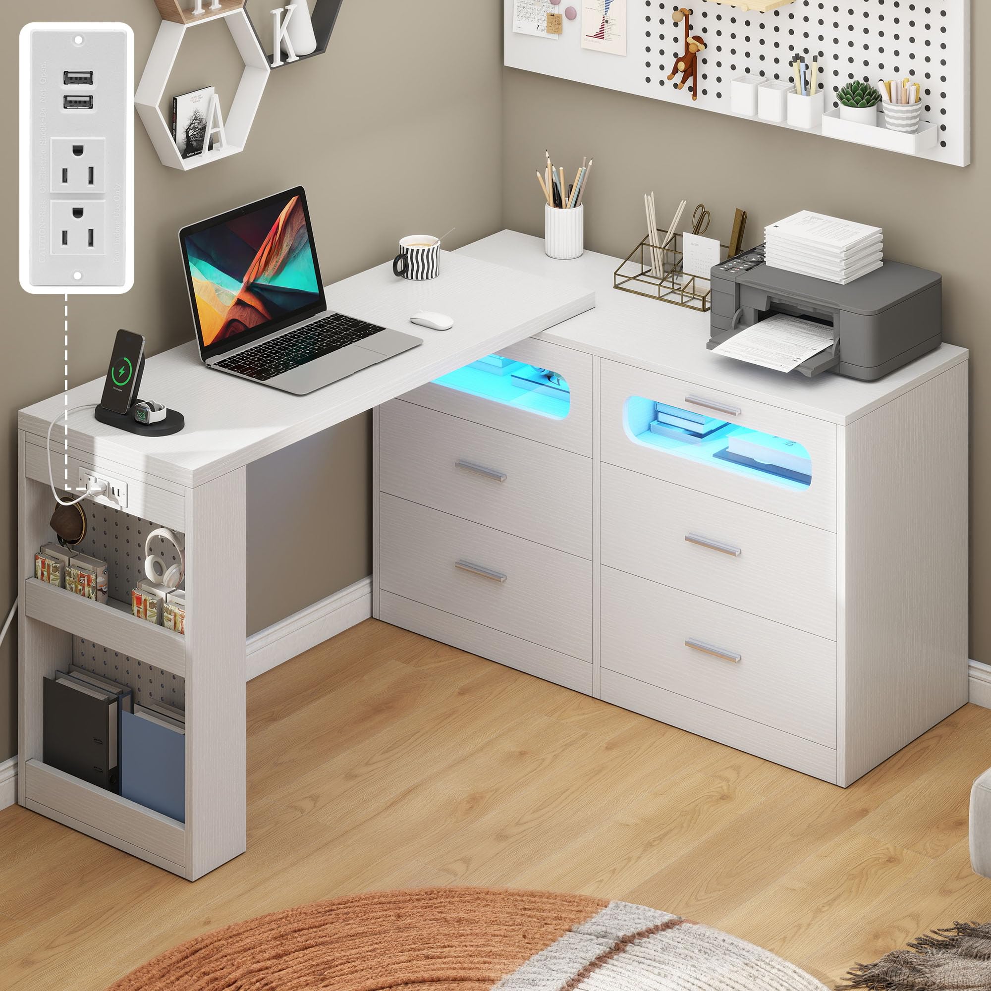 DWVO L Shaped Computer Desk with Power Outlet & RGB Light, 78.8" Reversible Gaming Desk for Bedroom, 360° Rotatable LED Drawer Dresser with 6 Drawers, Home Office Desk with Charging Station, White