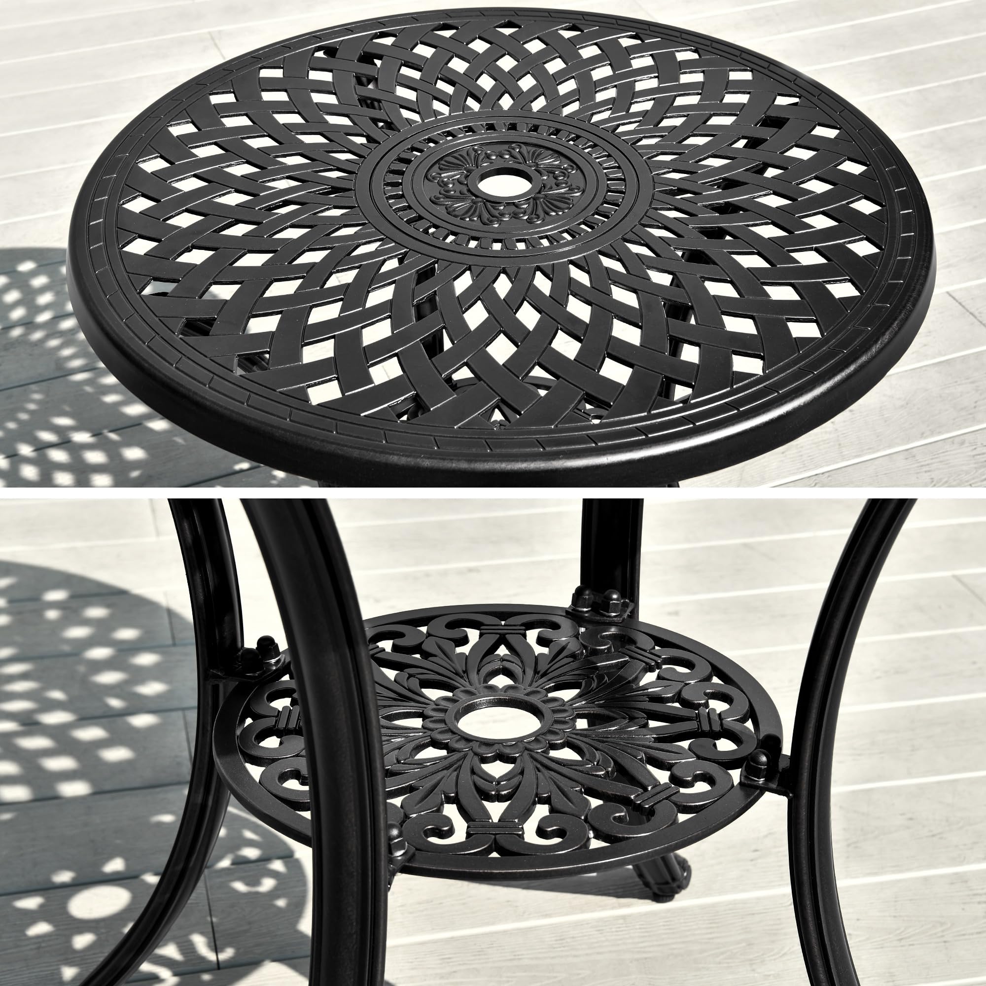 DWVO 30 Inches Round Patio Dining Table with Umbrella Hole, Antique Cast Aluminum Outdoor Bistro Table Outdoor Side Table for Backyard, Garden, Patio, Porch, Black