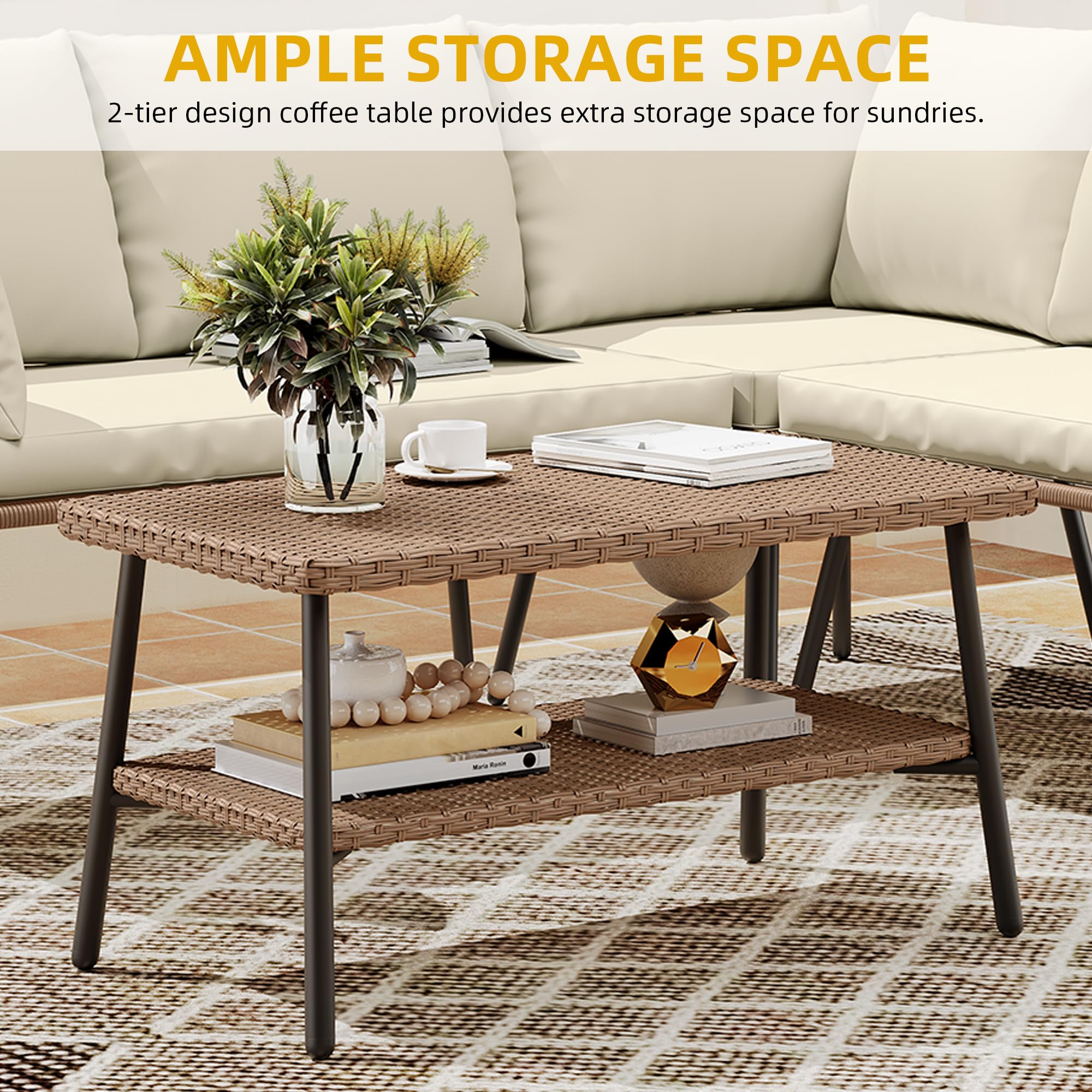 DWVO 4 Pieces Patio Furniture Set Outdoor Wicker Conversation Sectional L-Shaped Sofa with 2-Tier Coffee Table and Thick Cushions Outdoor sectional with 5 Seater for Backyard Porch (Beige)