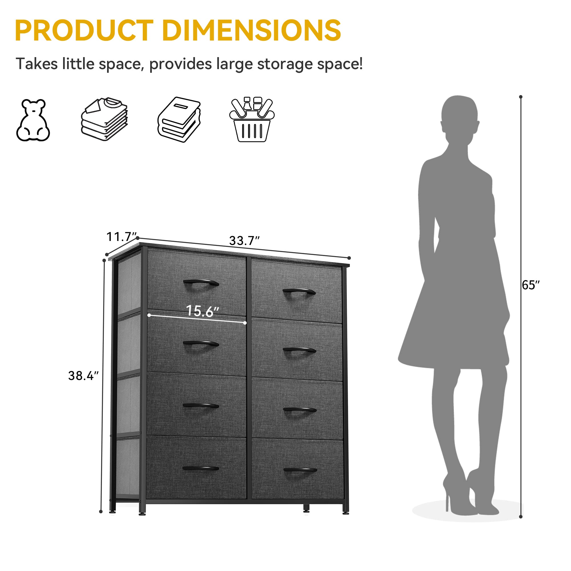 DWVO Dresser for Bedroom, Fabric Tower with 8 Drawers, Tall Dresser, Chest of Drawers for Closet, Living Room, Sturdy Steel Frame, Wooden Top, Easy Pull Handle, Black Ash