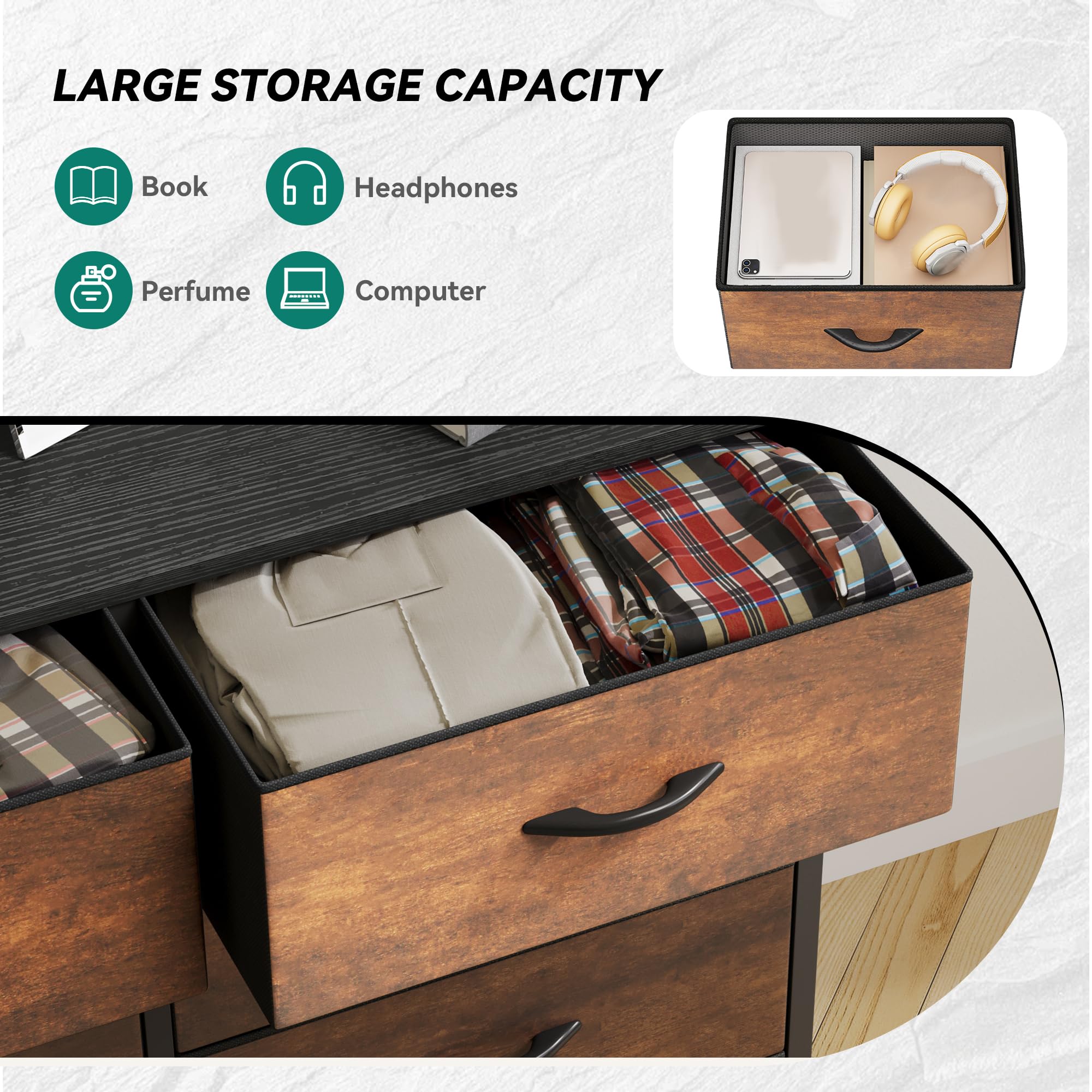 DWVO Dresser with 9 Drawers - Fabric Storage Tower, Organizer Unit for Living Room, Hallway - Sturdy Steel Frame, Wooden Top & Easy Pull Fabric Bins