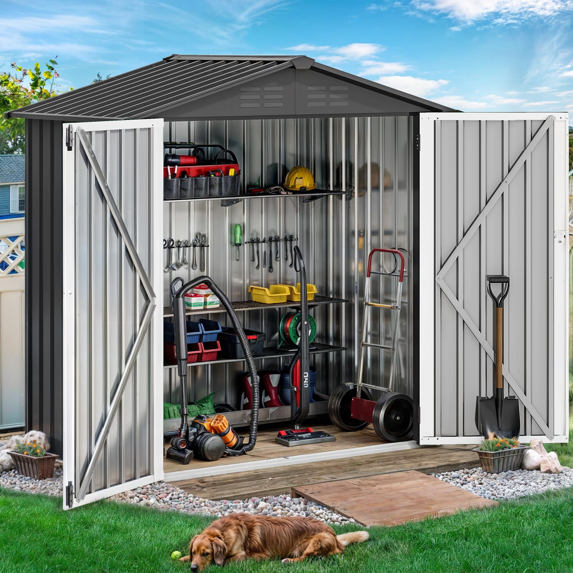 DWVO 6x4ft Metal Outdoor Storage Shed, Waterproof Tool Shed Heavy-Duty Storage Unit with Lockable Door and Vents, Ideal for Bicycles, Tools, Lawnmowers, Backyards, Patios, Lawns - Dark Gray