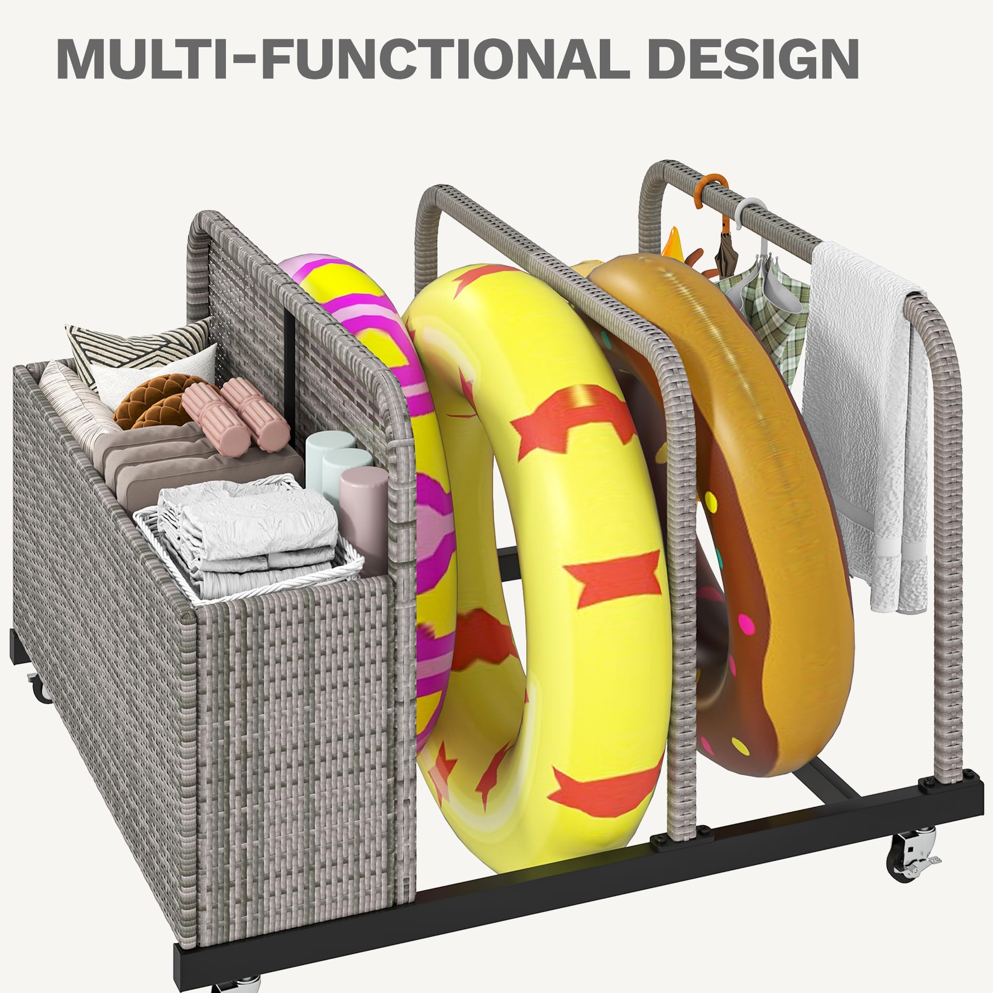 DWVO Pool Float Storage, Pool Storage Bin with PE Rattan,Pool Storage for cushions, Floaties, Noodles, Life Vests, Beach Balls, Patio Furniture (Grey)