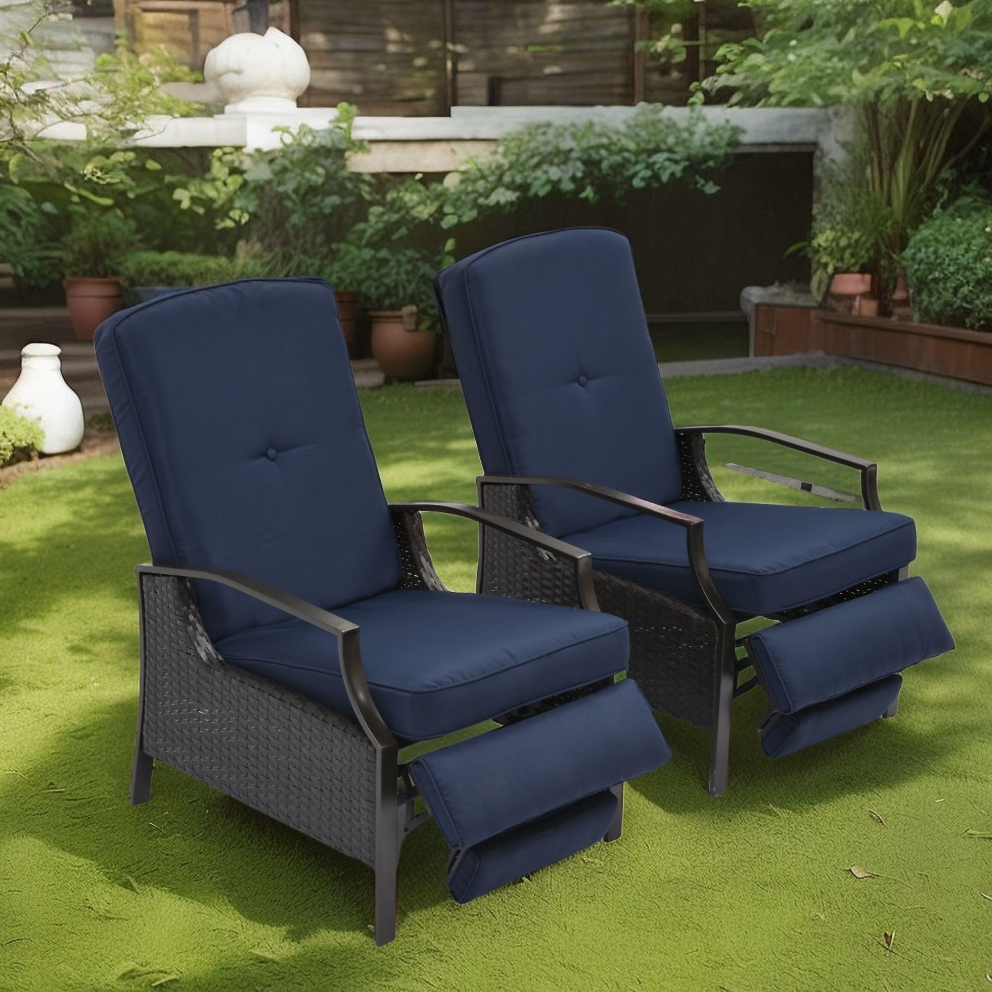 YITAHOME Outdoor Recliner Chair, 2-Piece Patio Adjustable Wicker Reclining Lounge Chairs, Dual-use Rattan Furniture Set with Soft Thick Cushions, Extended Footrest, Flip Back, Brown & Navy Blue