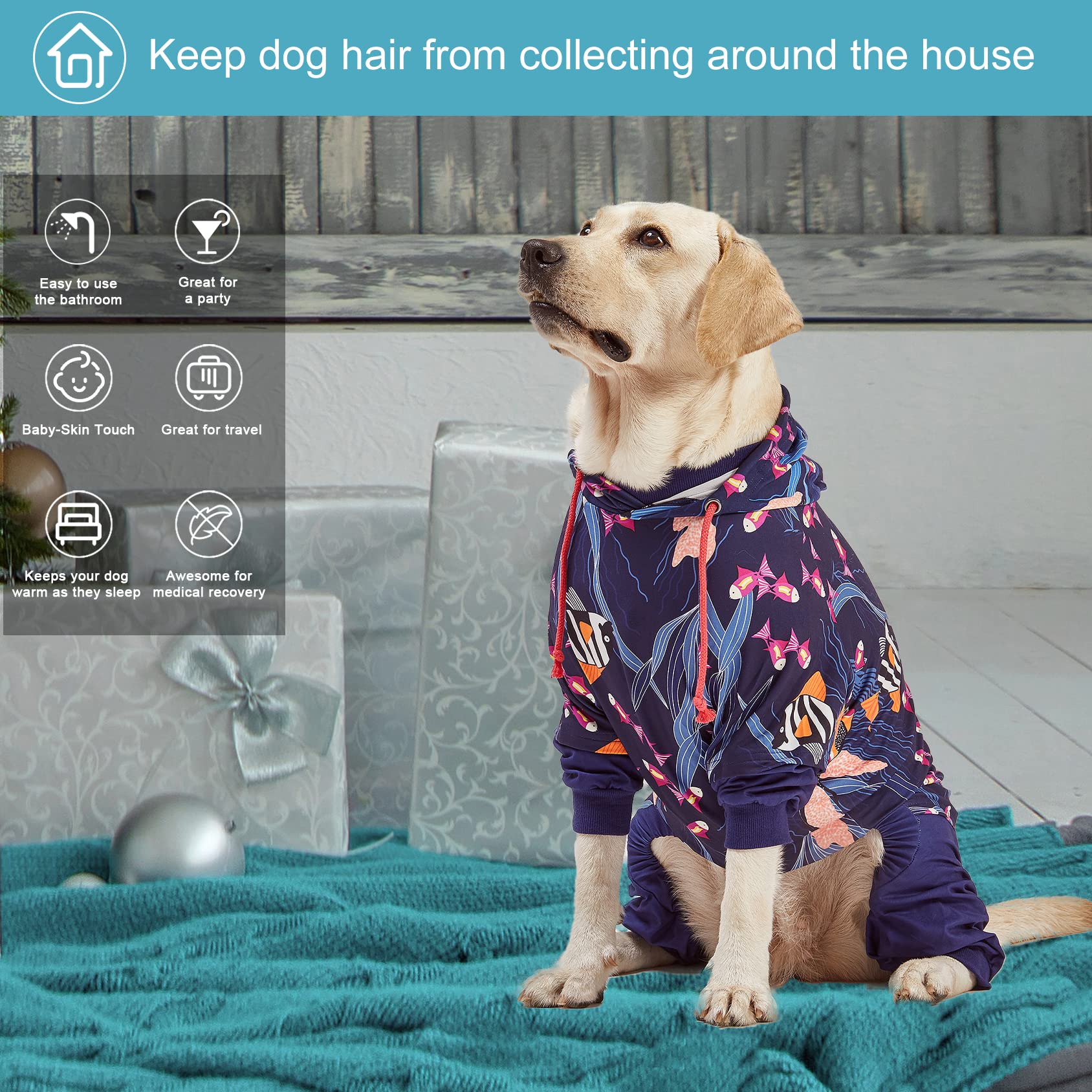 LovinPet Big Pitbull Dog PJS Wound Care/Post Surgery Dog Clothes,Anxiety Relief Onesies for Dogs,Lightweight Stretchy,Pet Pajamas for Dogs, Reflective Stripe,Fishtopia Seascape Navy Print /3XL