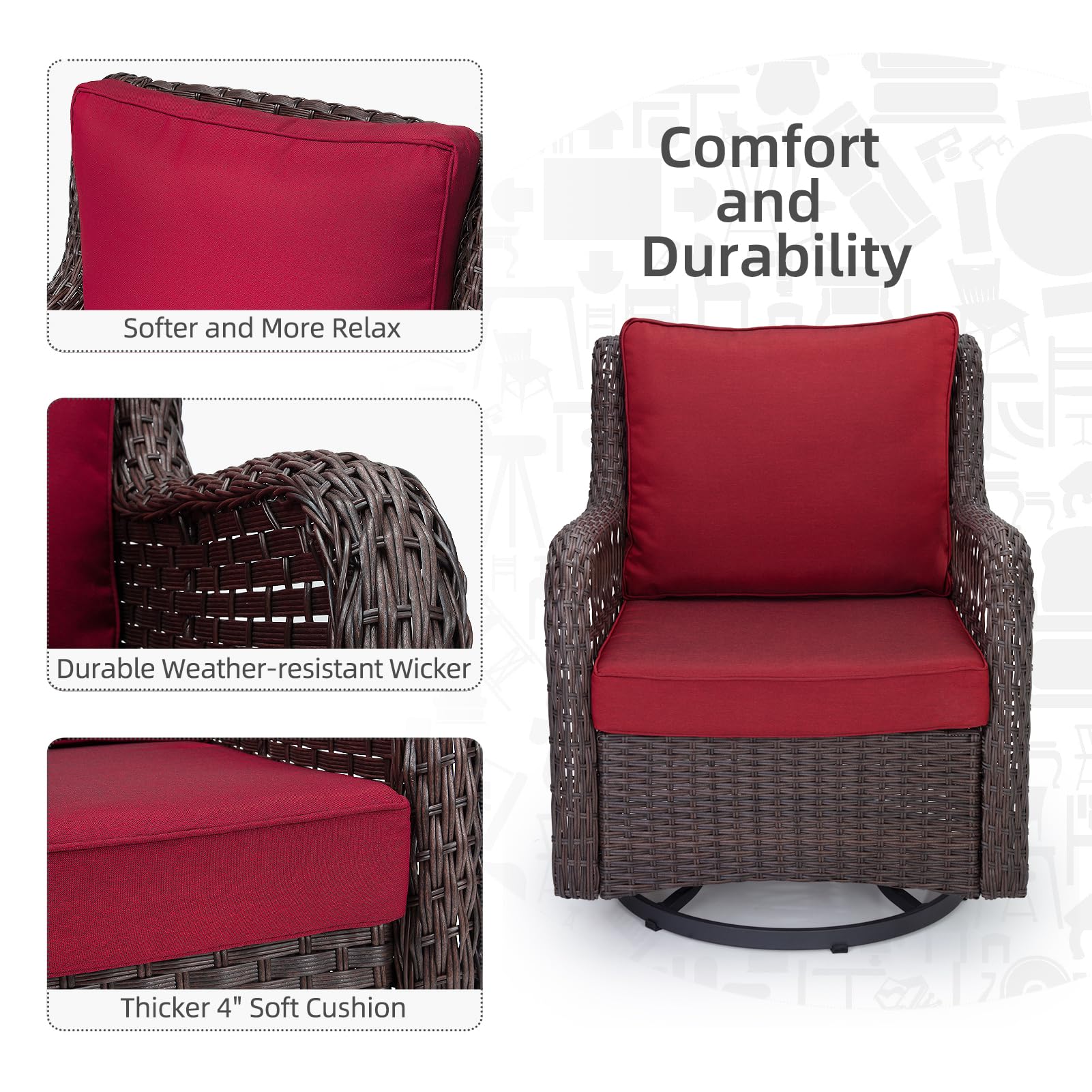 3-Piece Outdoor Wicker Patio Bistro Set w/ 2 360-Degree Swivel Rocking Chairs and Tempered Glass Top Side Table, 360° Swivel Patio Furniture for Backyard, Porch, Deck, Balcony, Garden, Red