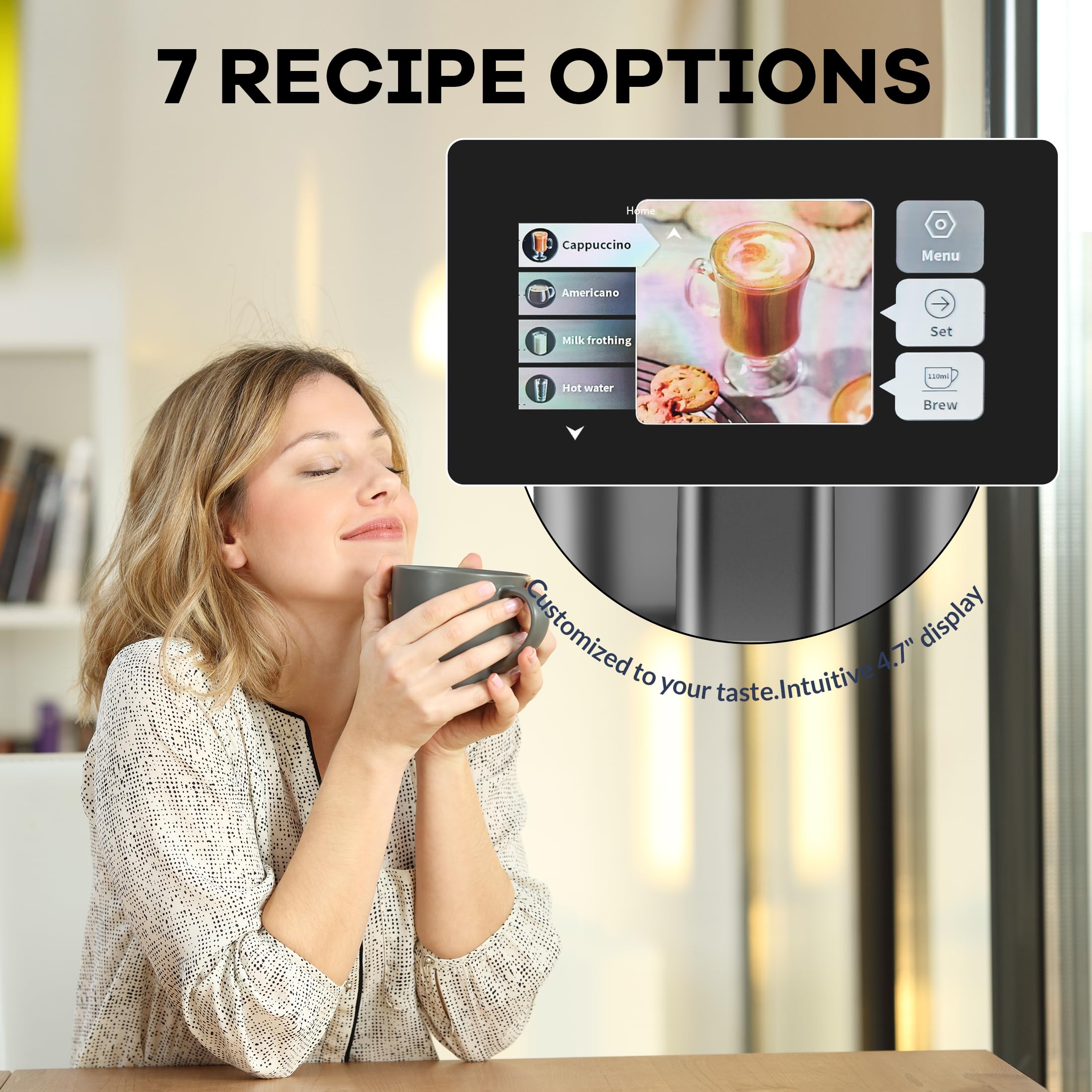 Super Automatic Espresso Machine 20 Bar With Milk Frother, Fully Automatic Bean to Cup Espresso Cappuccino and Latte Iced Coffee Maker Built-In Burr Grinder, Milk Container, Intuitive Touch Display