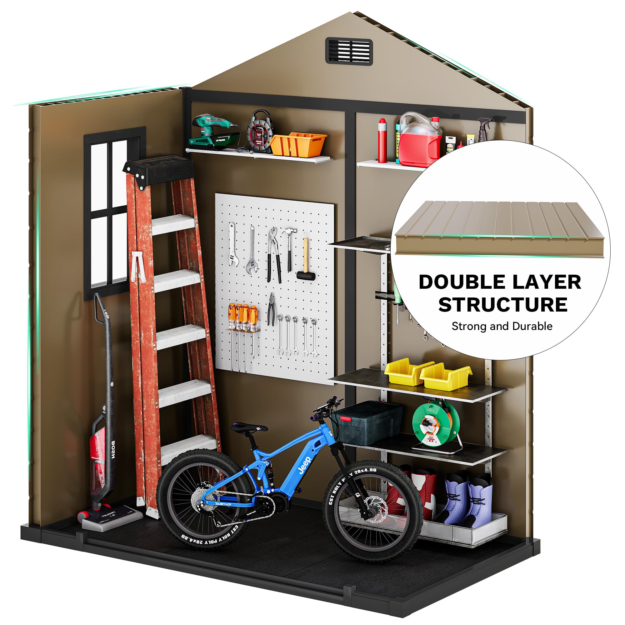 DWVO 6.2x3.4 FT Outdoor Resin Storage Shed with Floor, All-Weather Bike Storage Shed with Lockable Door, Window and Vent, Waterproof Plastic Tool Storage for Garden, Backyard, Patio, Lawn, Brown